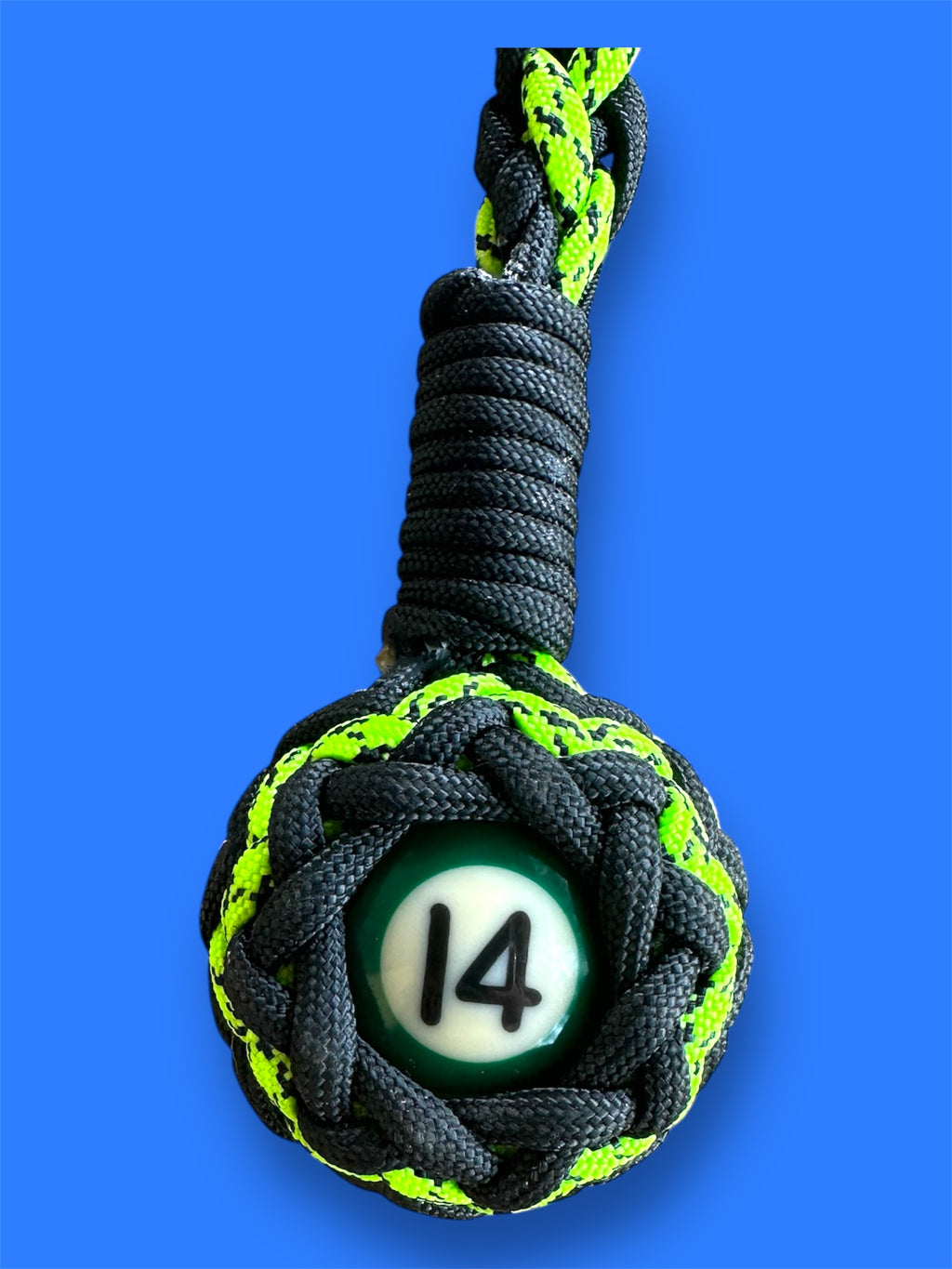 Paracord Motorcycle Get Back Whip Neon Green and Black with Mini Pool Ball Number 14 on a Panic Snap