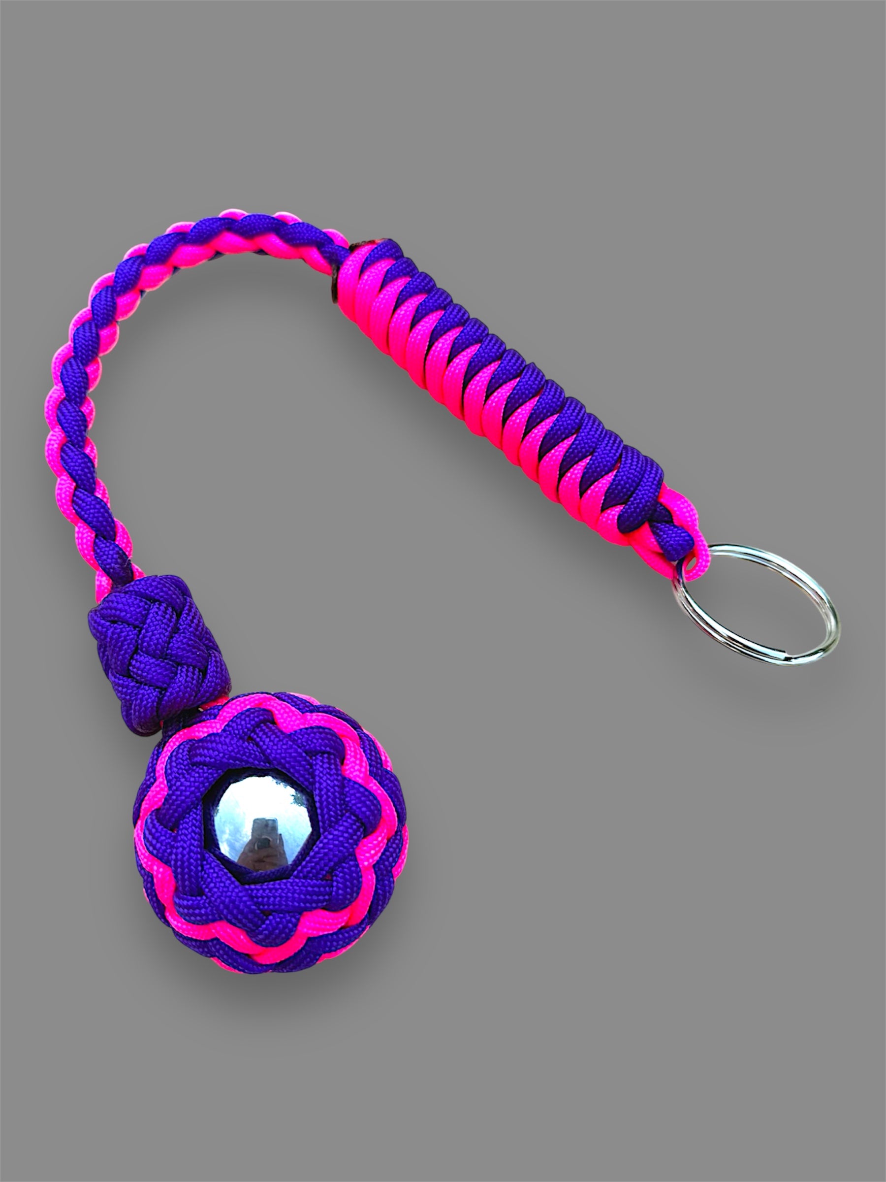 Decorative Paracord Wrapped 1.5 inch Steel Ball in Neon Pink and Acid Purple Keychain