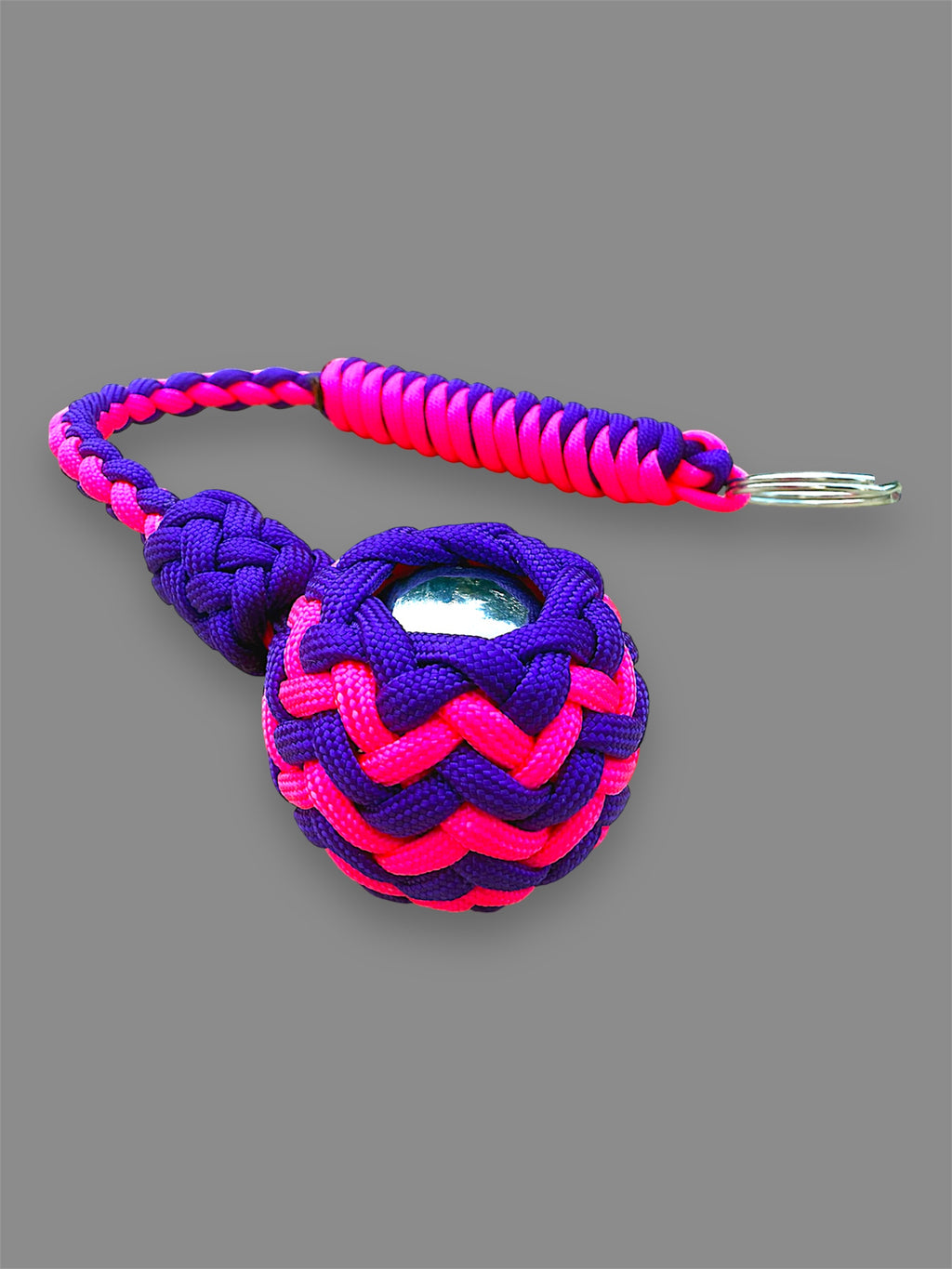 Decorative Paracord Wrapped 1.5 inch Steel Ball in Neon Pink and Acid Purple Keychain