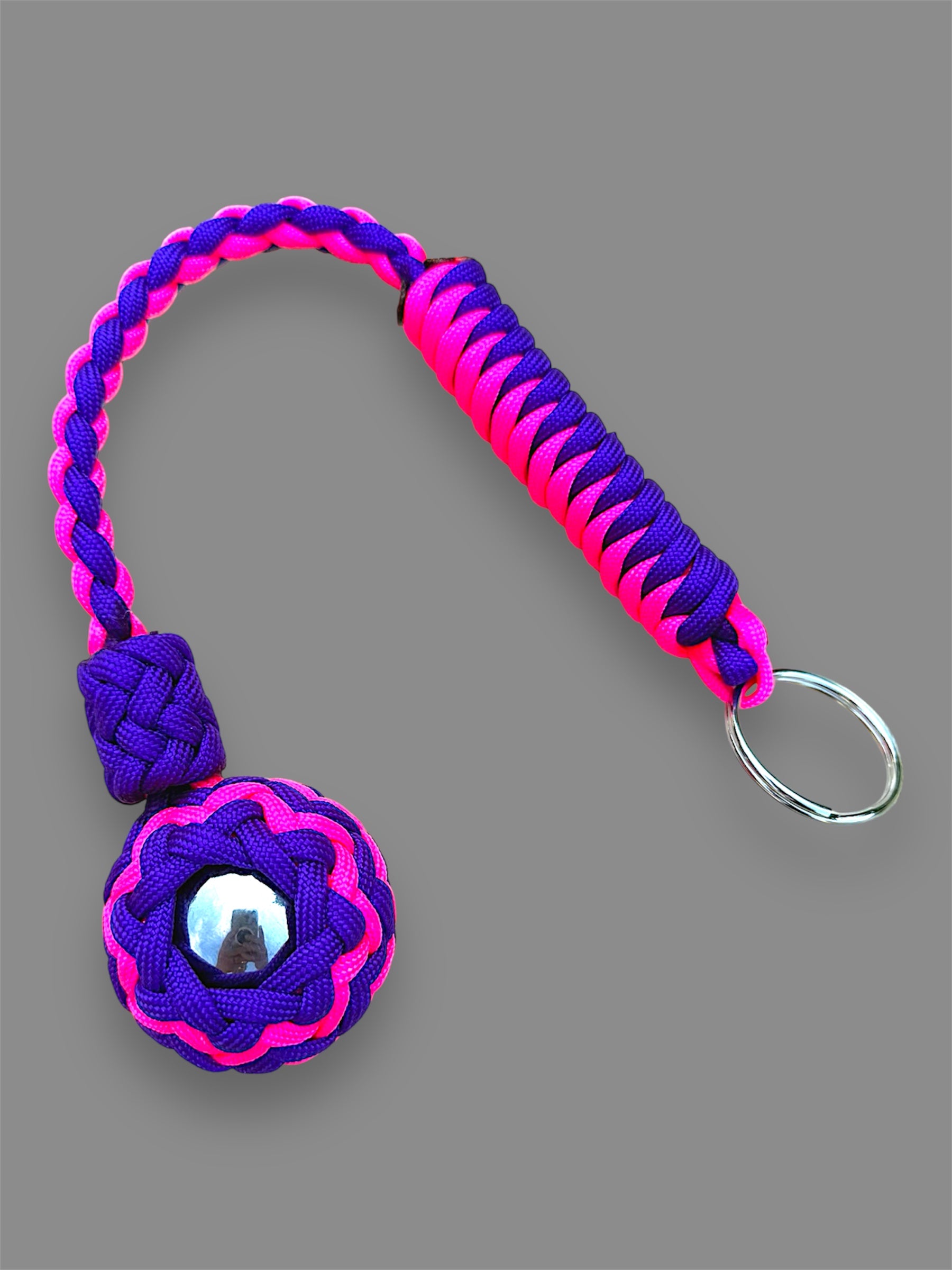 Decorative Paracord Wrapped 1.5 inch Steel Ball in Neon Pink and Acid Purple Keychain