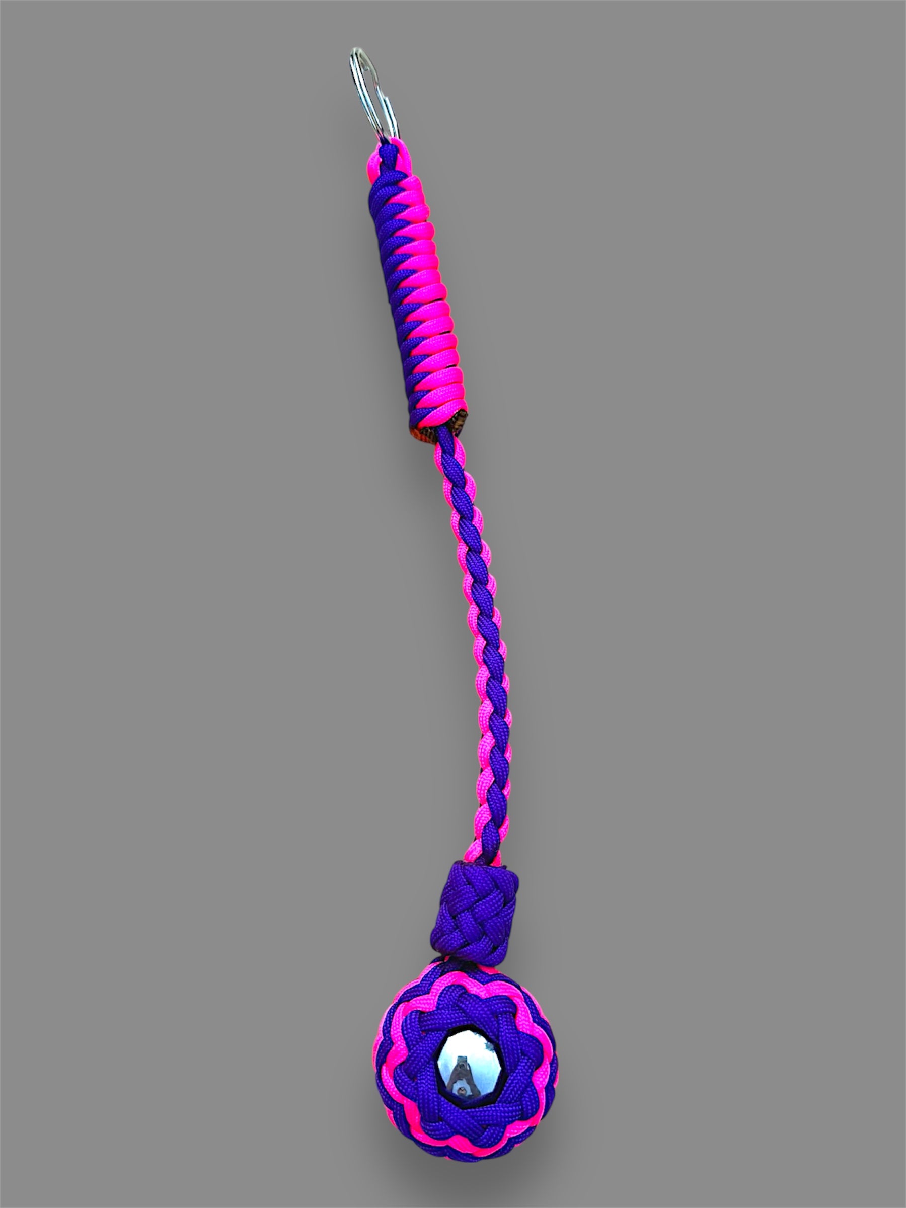Decorative Paracord Wrapped 1.5 inch Steel Ball in Neon Pink and Acid Purple Keychain