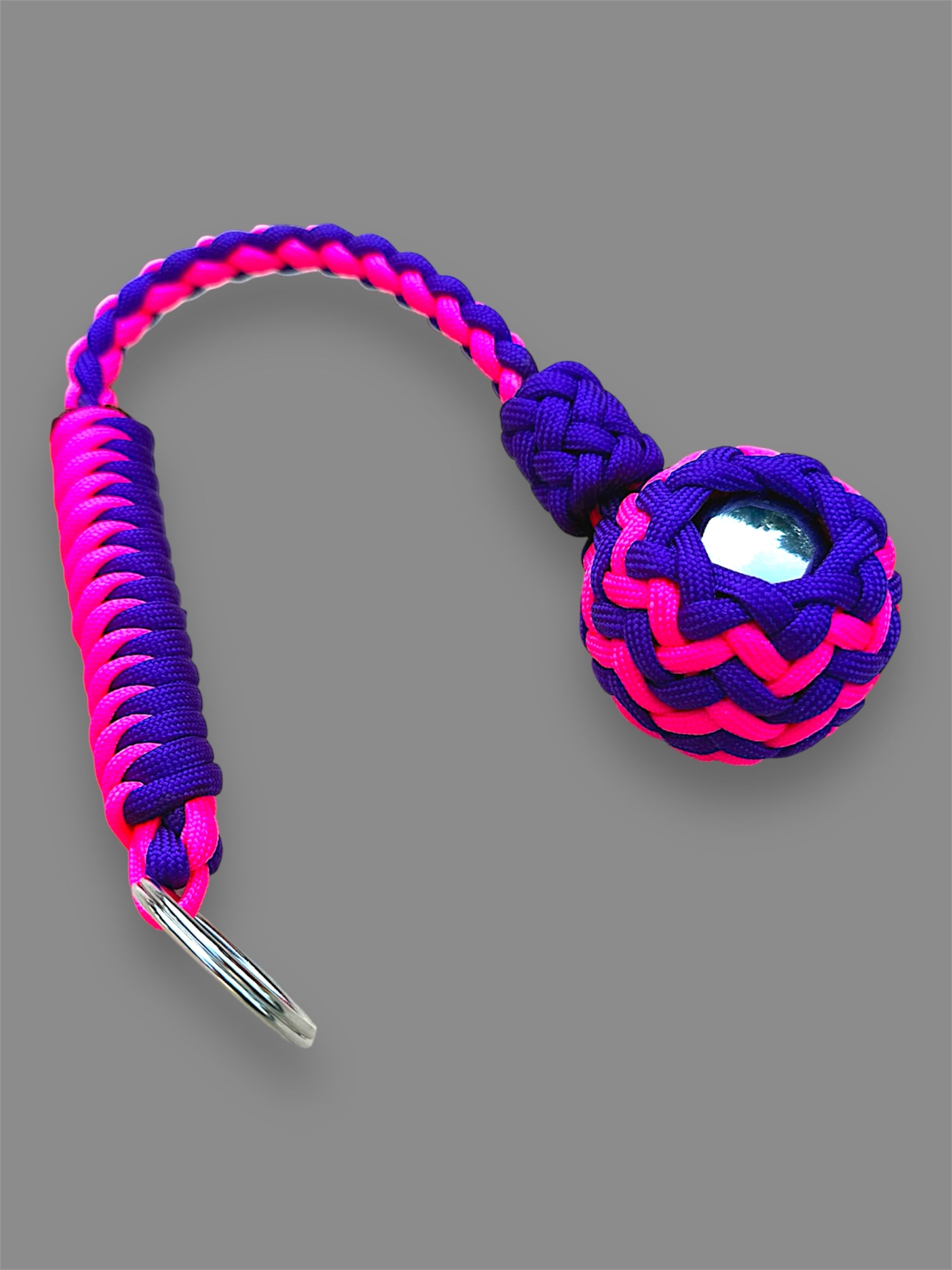 Decorative Paracord Wrapped 1.5 inch Steel Ball in Neon Pink and Acid Purple Keychain