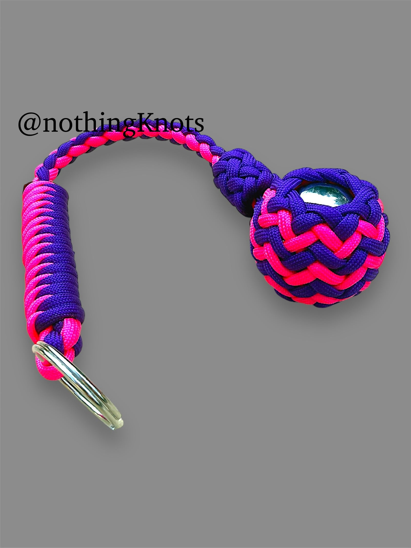 Decorative Paracord Wrapped 1.5 inch Steel Ball in Neon Pink and Acid Purple Keychain