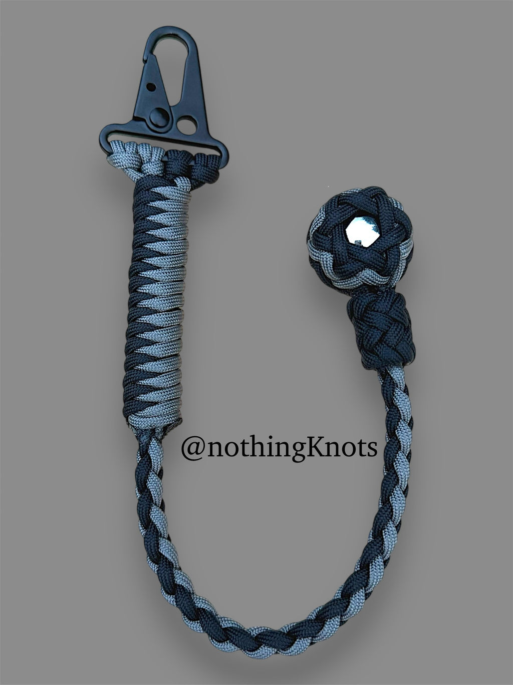 Decorative Paracord Wrapped 1 inch Steel Ball in Black and Charcoal Gray Keychain on HK Clip
