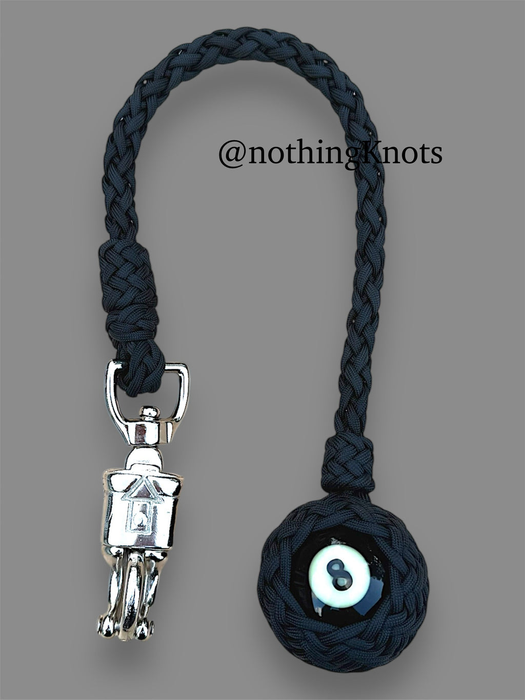 Paracord Motorcycle Get Back Whip in All Black with 8 ball on Panic Snap
