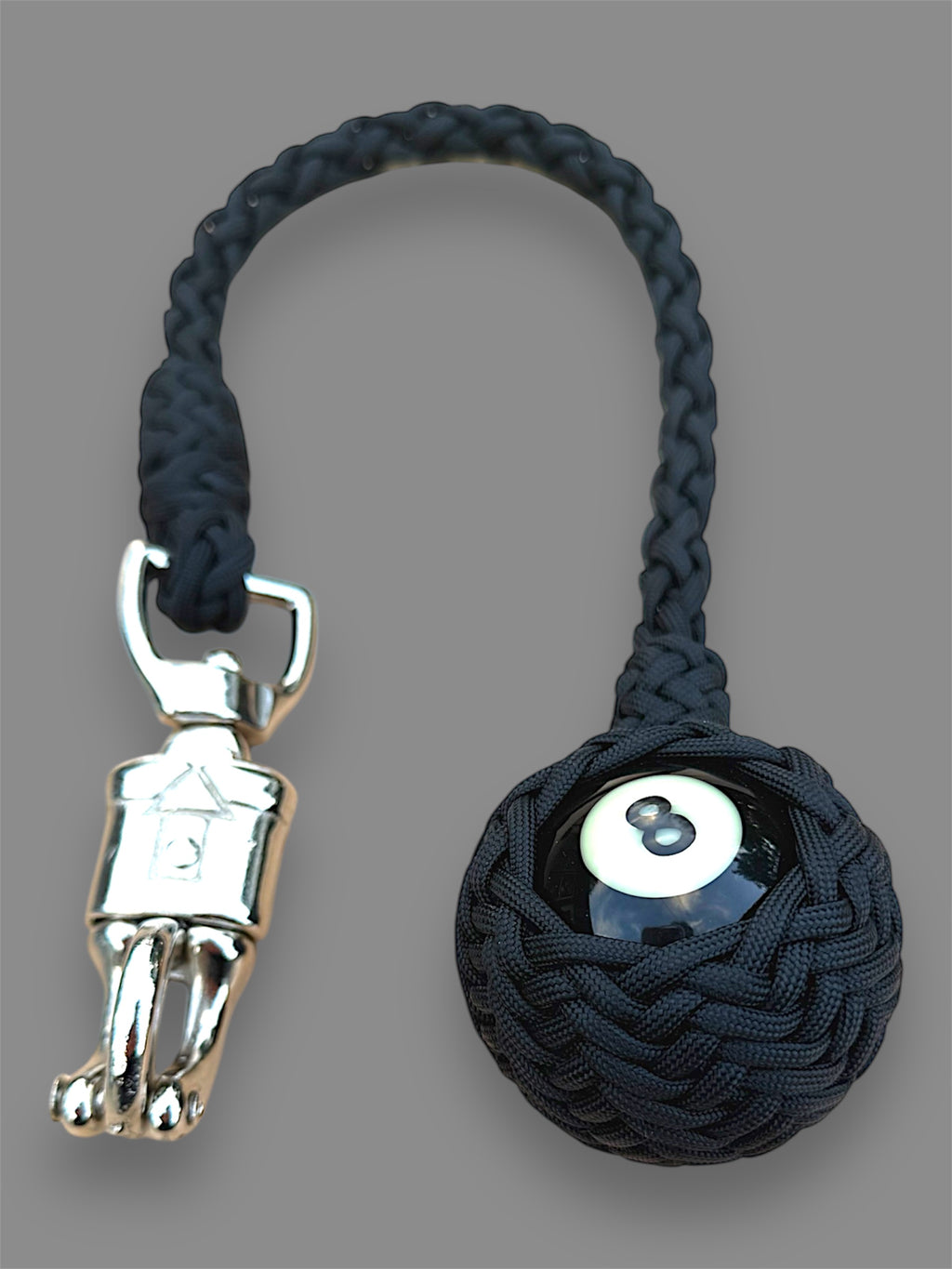 Paracord Motorcycle Get Back Whip in All Black with 8 ball on Panic Snap