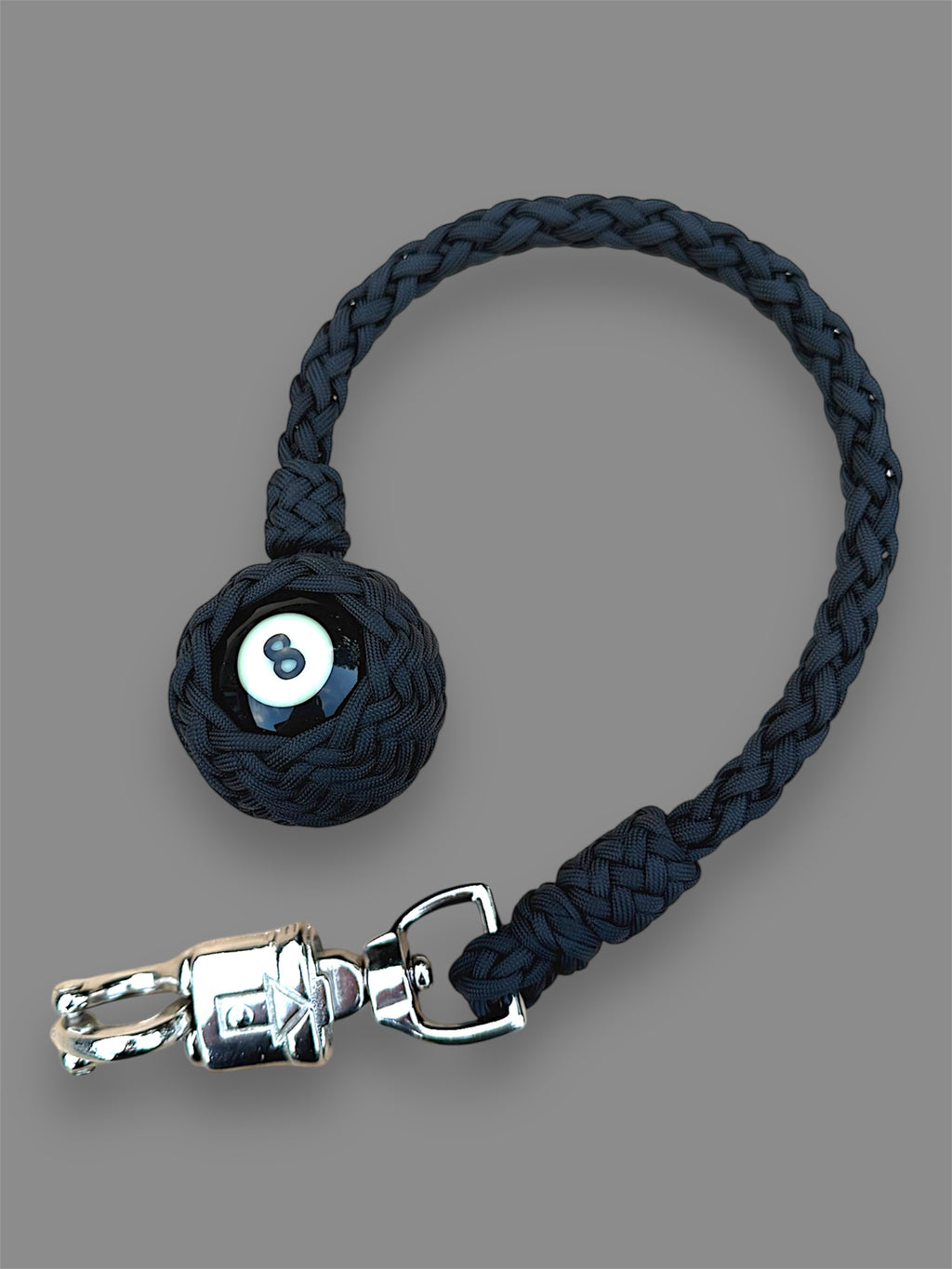Paracord Motorcycle Get Back Whip in All Black with 8 ball on Panic Snap