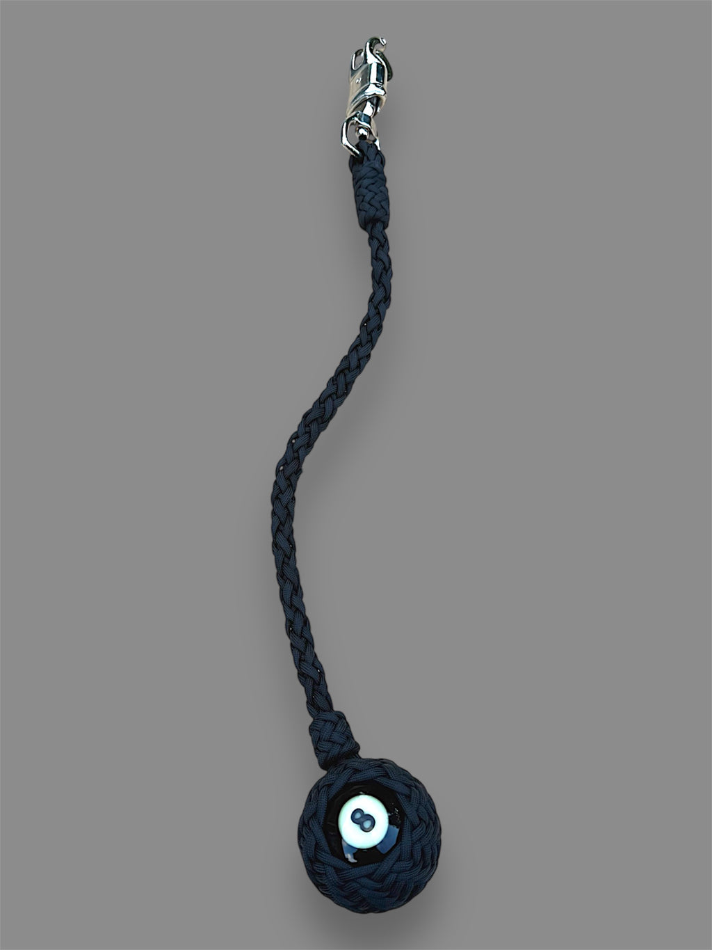 Paracord Motorcycle Get Back Whip in All Black with 8 ball on Panic Snap