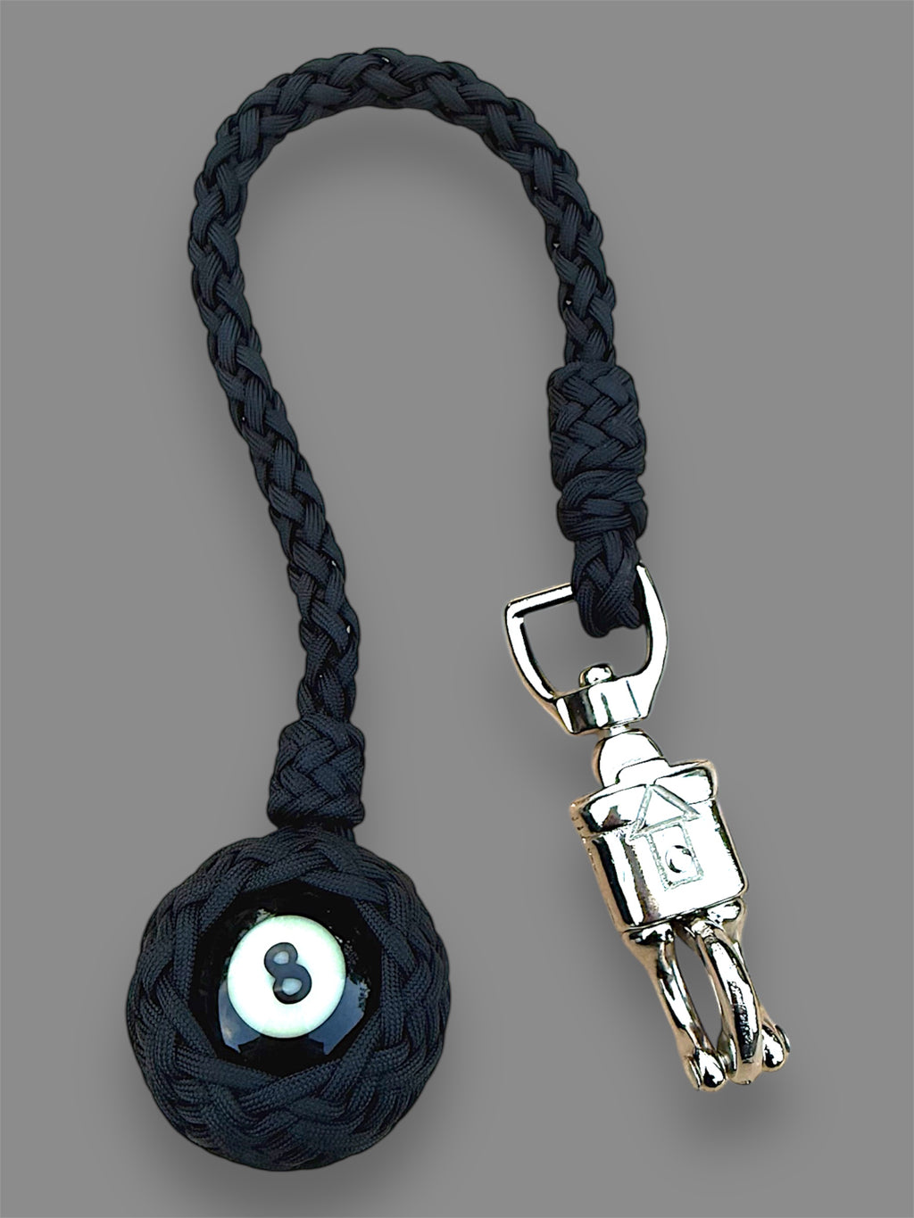 Paracord Motorcycle Get Back Whip in All Black with 8 ball on Panic Snap