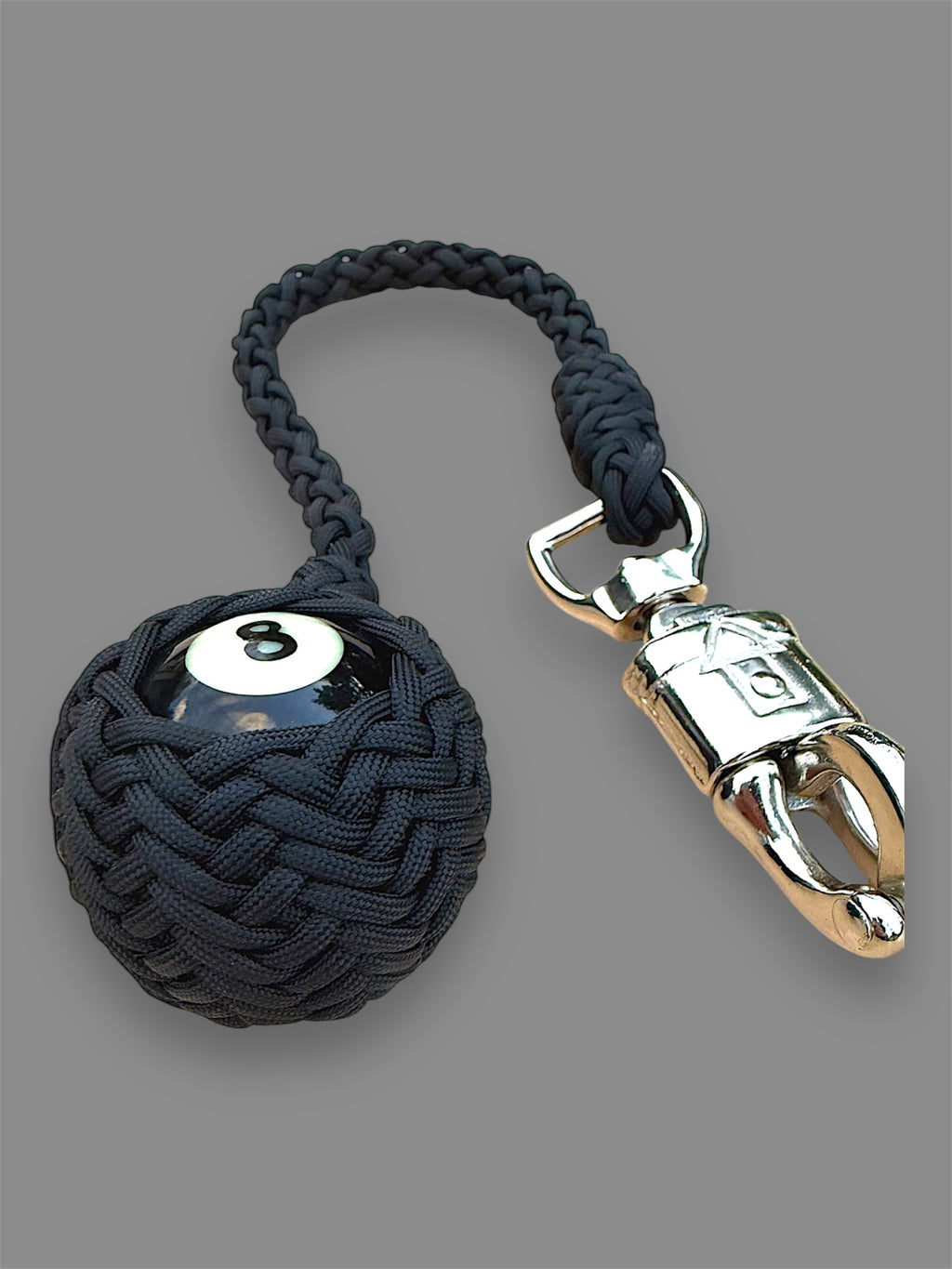 Paracord Motorcycle Get Back Whip in All Black with 8 ball on Panic Snap
