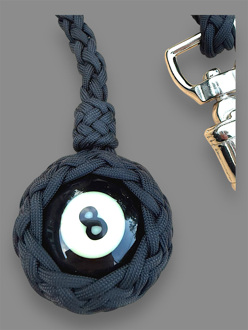 Paracord Motorcycle Get Back Whip in All Black with 8 ball on Panic Snap