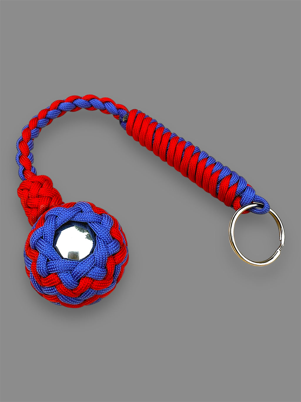 Decorative Paracord Wrapped 1.5 inch Steel Ball in Red and Blue Keychain monkey fist style