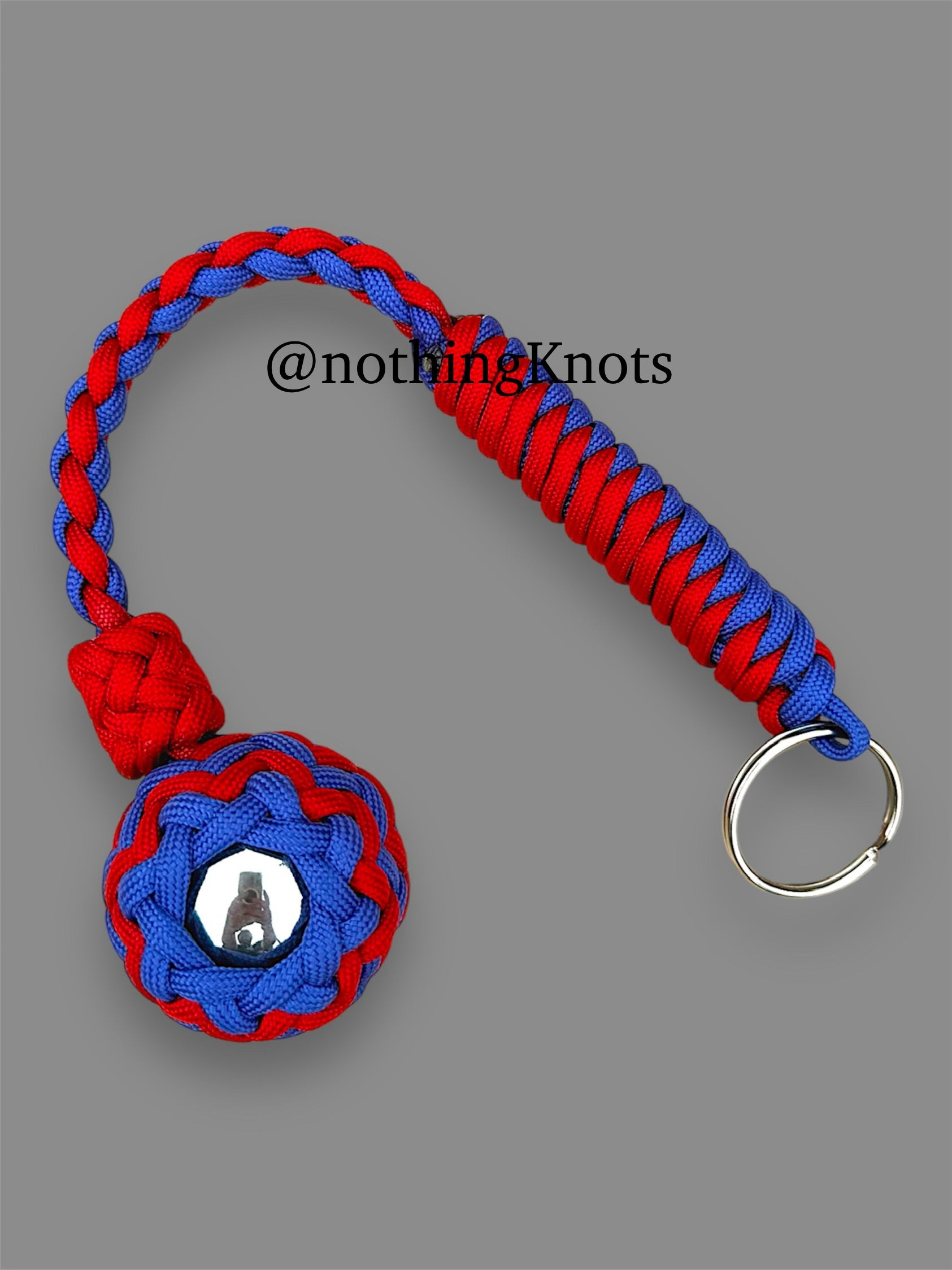 Decorative Paracord Wrapped 1.5 inch Steel Ball in Red and Blue Keychain monkey fist style