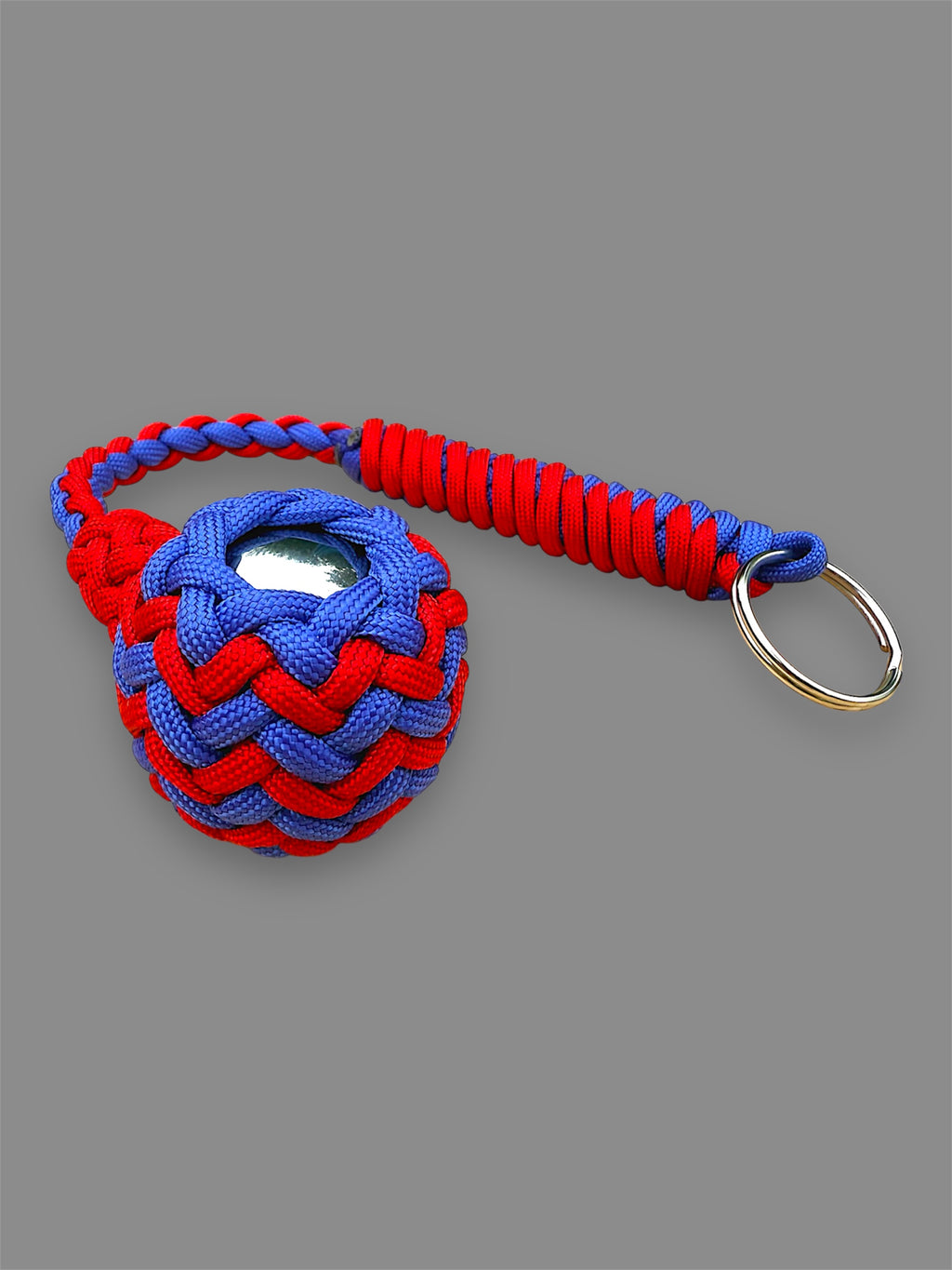Decorative Paracord Wrapped 1.5 inch Steel Ball in Red and Blue Keychain monkey fist style