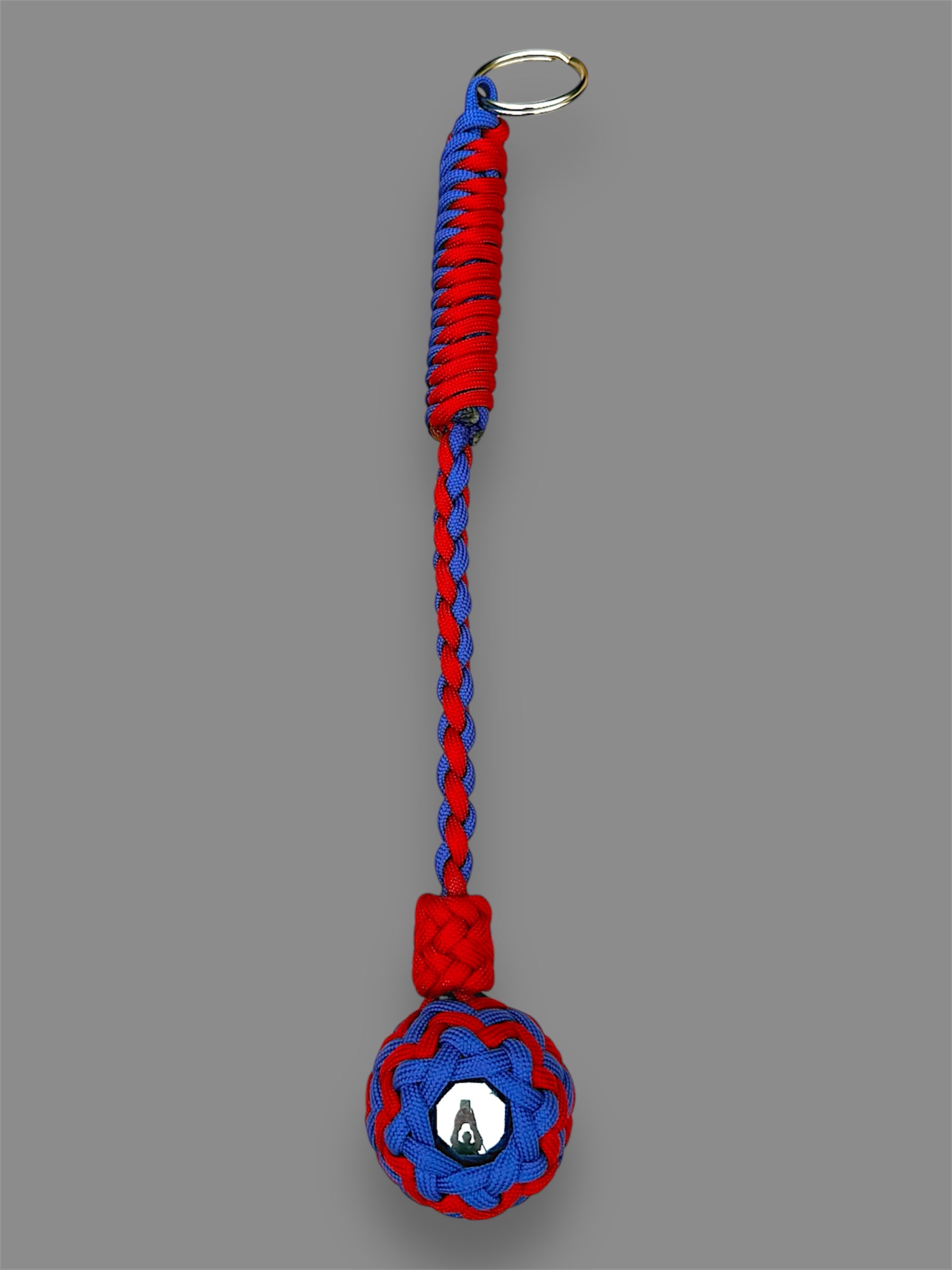 Decorative Paracord Wrapped 1.5 inch Steel Ball in Red and Blue Keychain monkey fist style