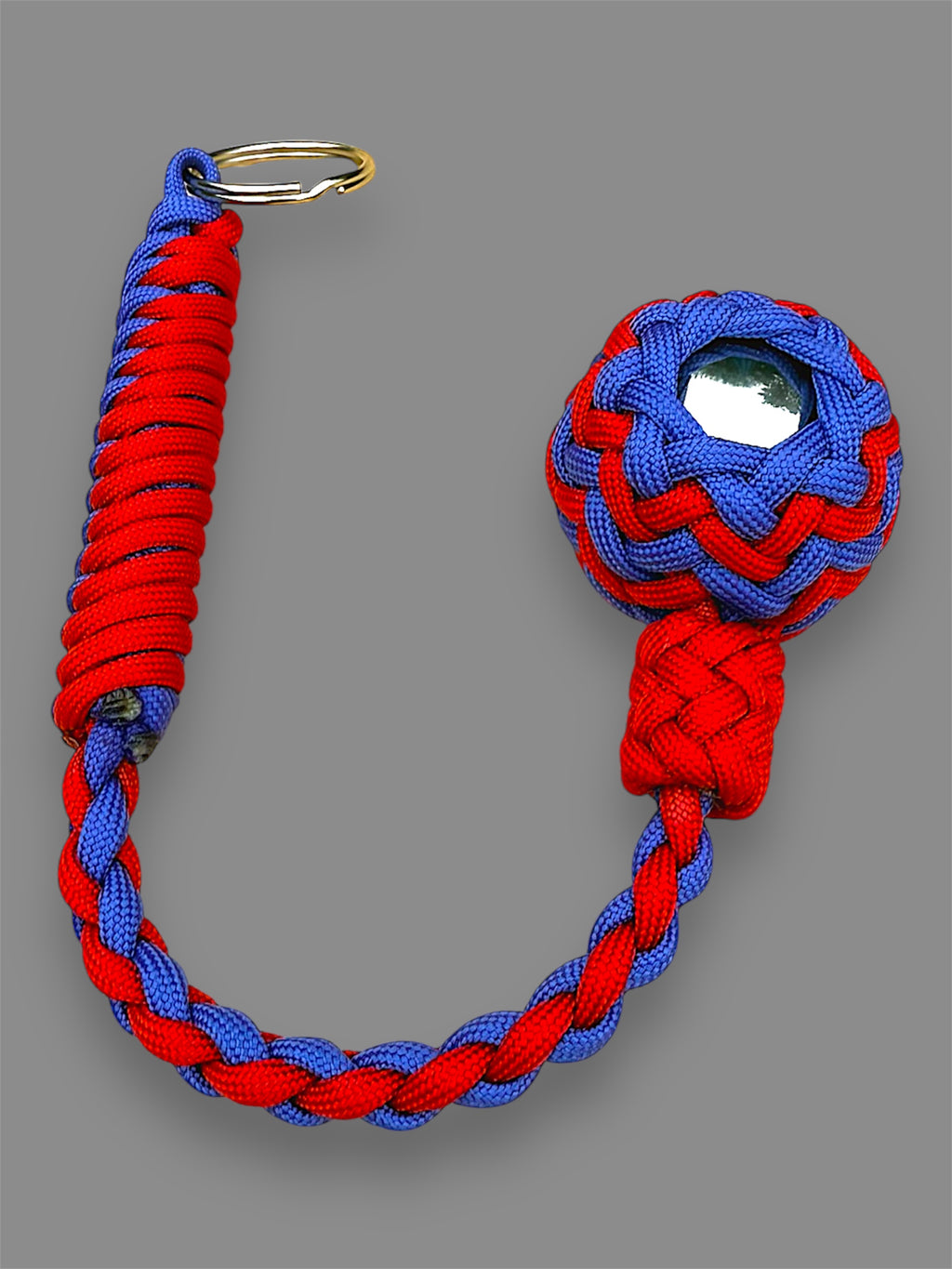 Decorative Paracord Wrapped 1.5 inch Steel Ball in Red and Blue Keychain monkey fist style