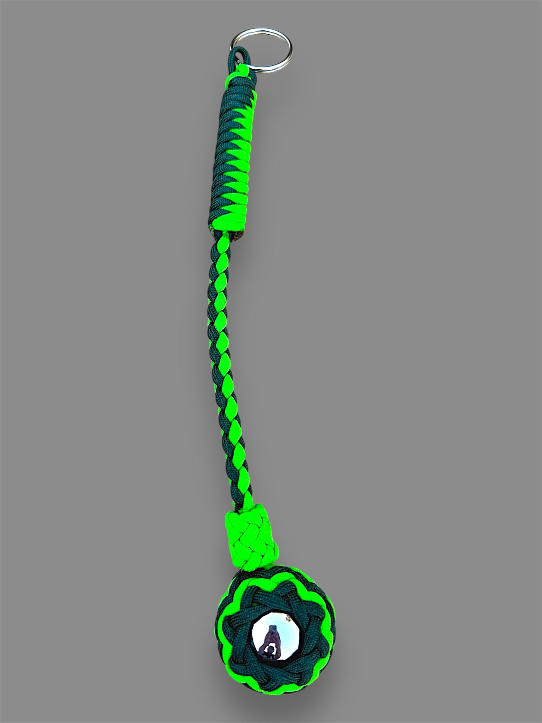 Decorative Paracord Wrapped 1.5 inch Steel Ball in Emerald and Neon Green Keychain monkey fist style