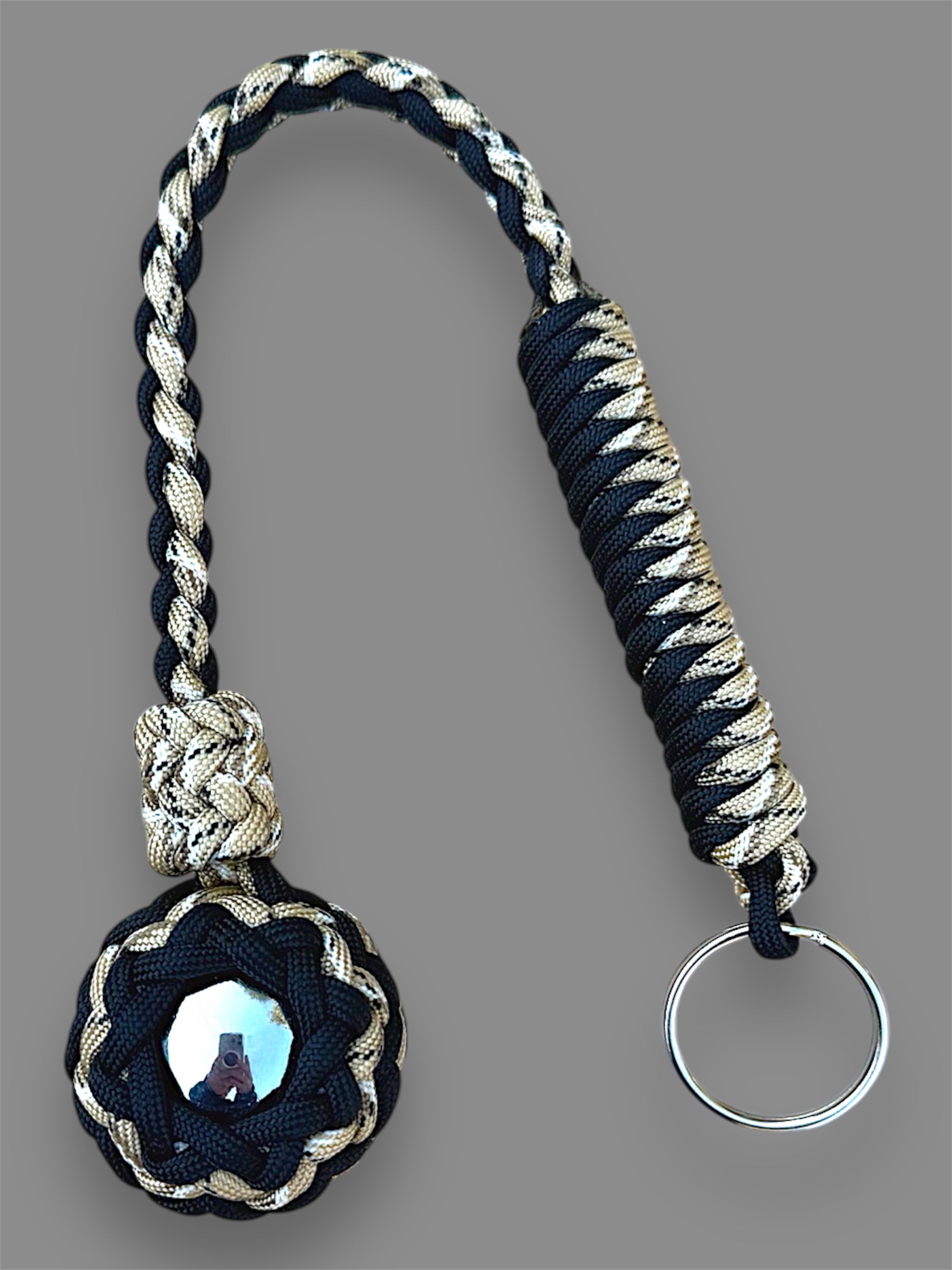 Decorative Paracord Wrapped 1.5 inch Steel Ball in Black and Tan Camo Keychain monkey fist style