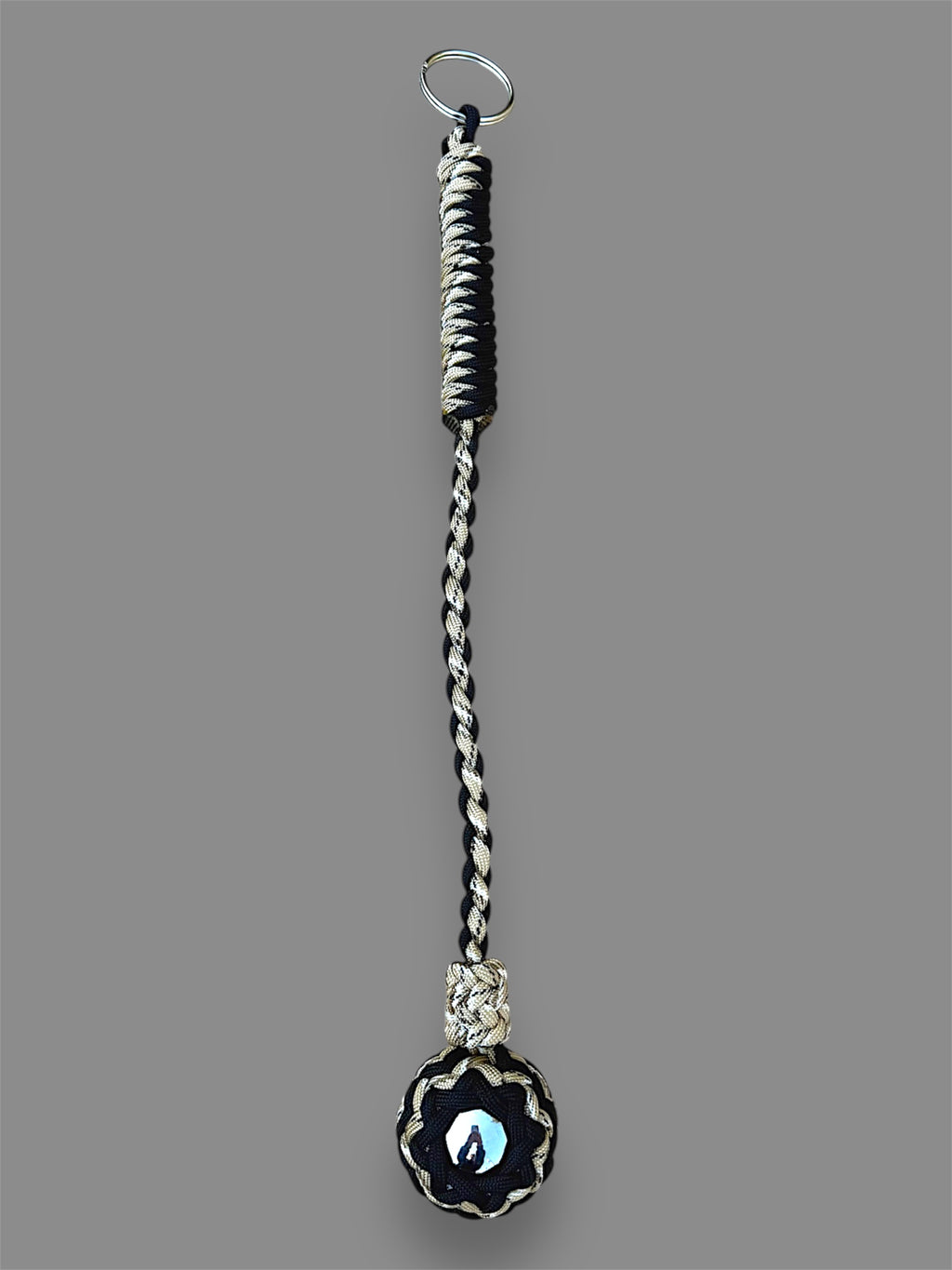 Decorative Paracord Wrapped 1.5 inch Steel Ball in Black and Tan Camo Keychain monkey fist style