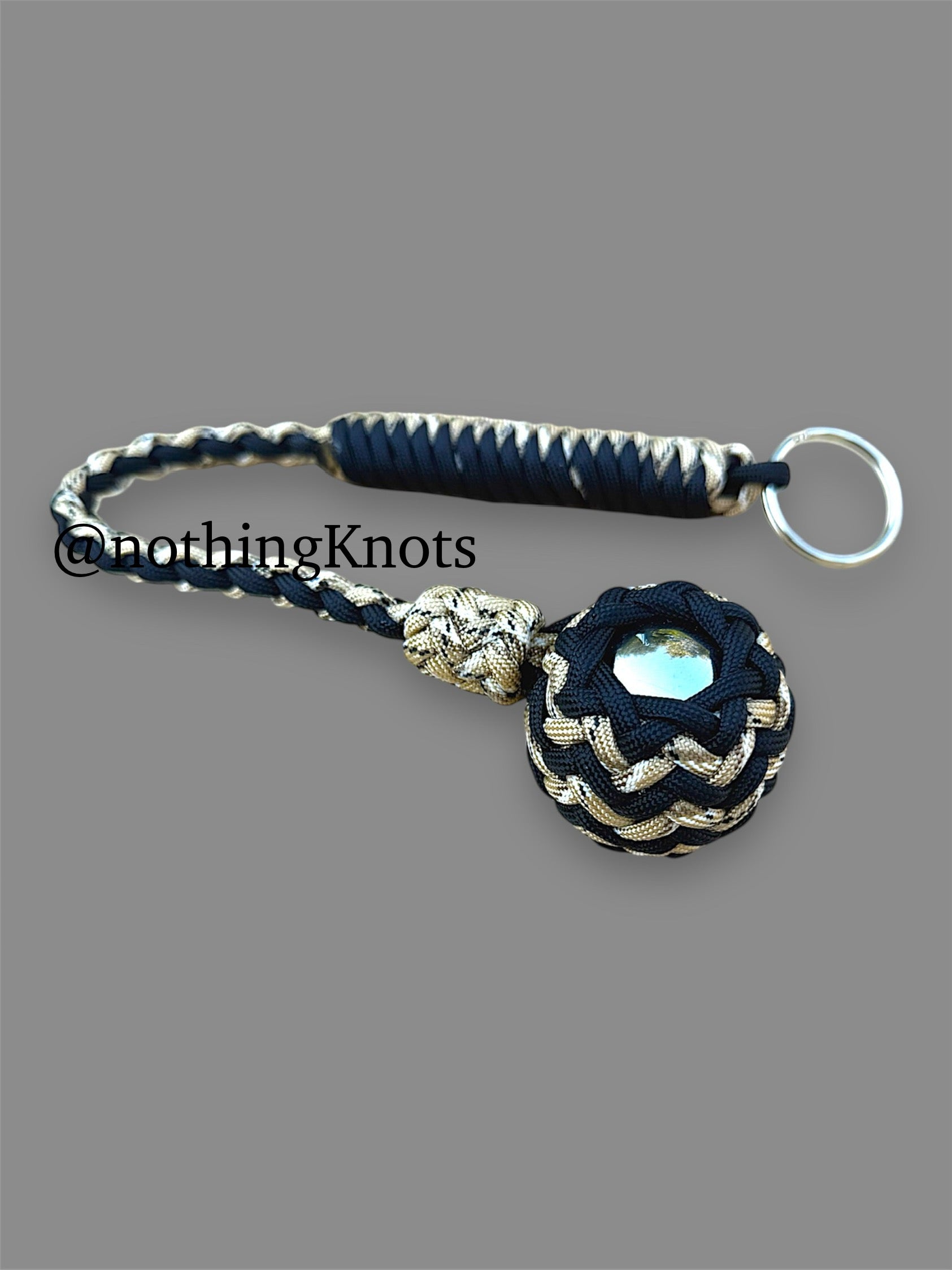 Decorative Paracord Wrapped 1.5 inch Steel Ball in Black and Tan Camo Keychain monkey fist style