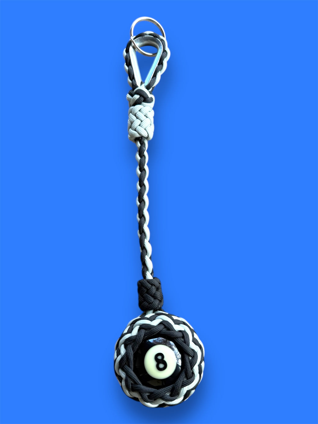 Decorative Paracord Wrapped 8 Ball in Black/Silver paracord on stainless steel thimble monkey fist style keychain