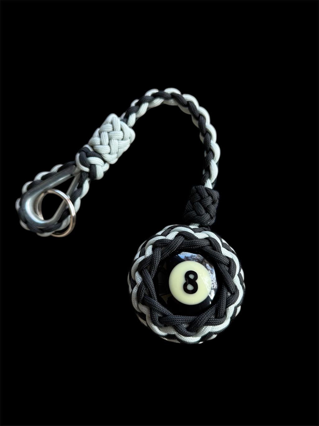 Decorative Paracord Wrapped 8 Ball in Black/Silver paracord on stainless steel thimble monkey fist style keychain