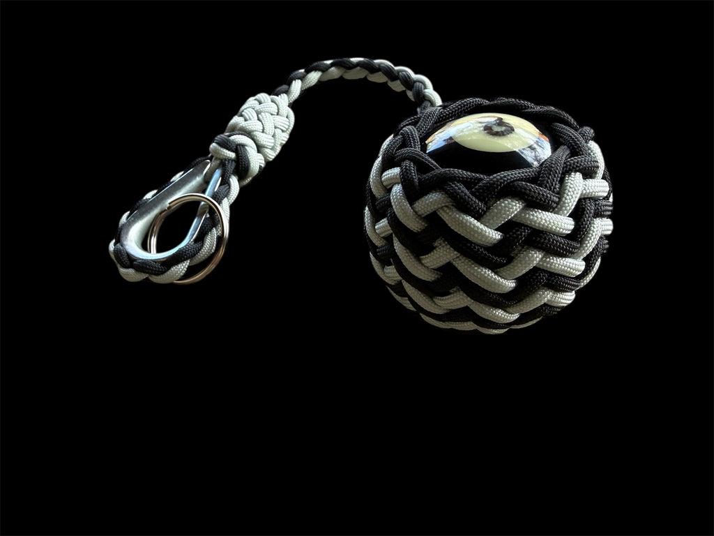 Decorative Paracord Wrapped 8 Ball in Black/Silver paracord on stainless steel thimble monkey fist style keychain