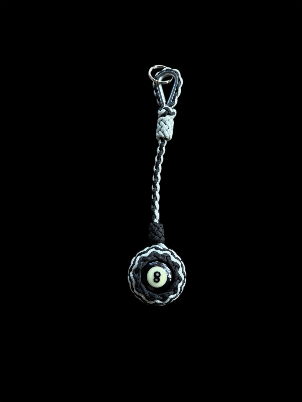 Decorative Paracord Wrapped 8 Ball in Black/Silver paracord on stainless steel thimble monkey fist style keychain