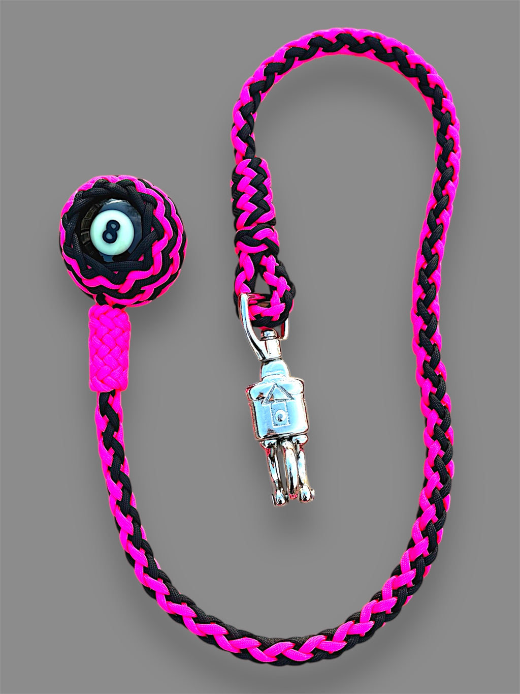 Paracord Motorcycle Get Back Whip in Black/Hot Pink with 8 ball on Panic Snap