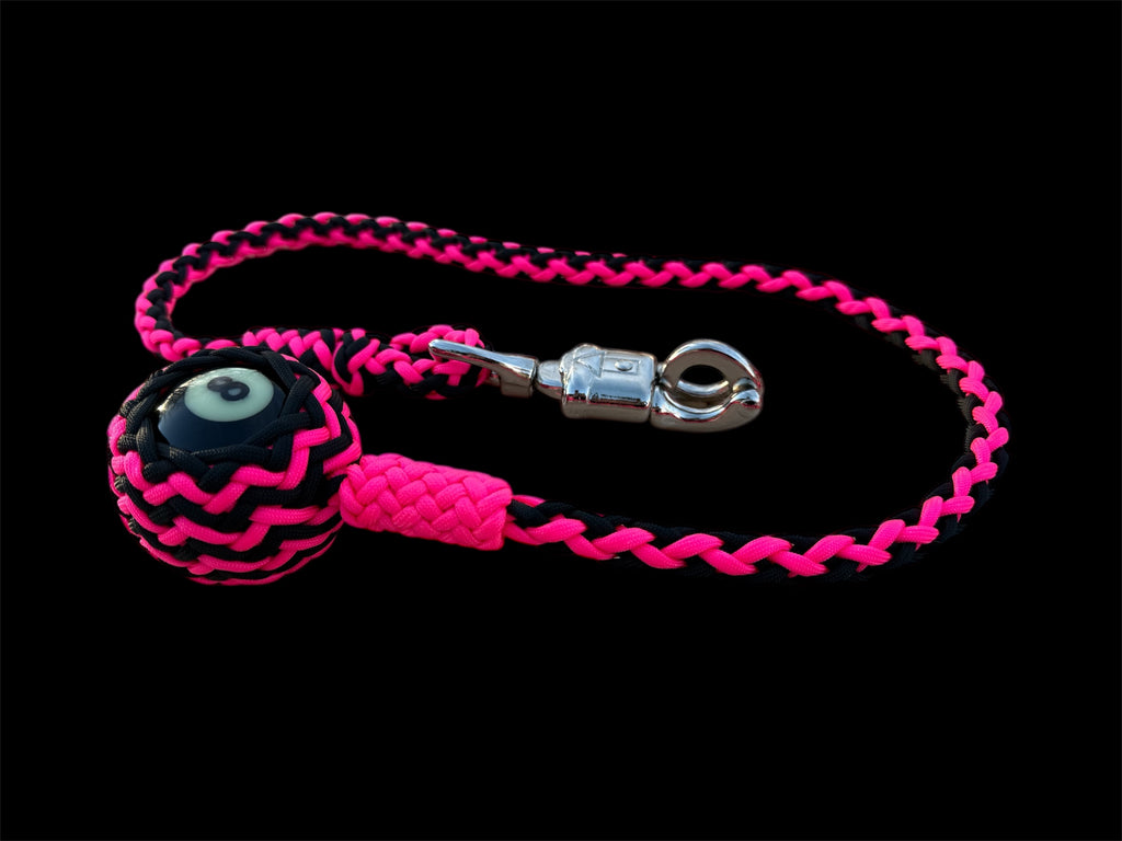 Paracord Motorcycle Get Back Whip in Black/Hot Pink with 8 ball on Panic Snap