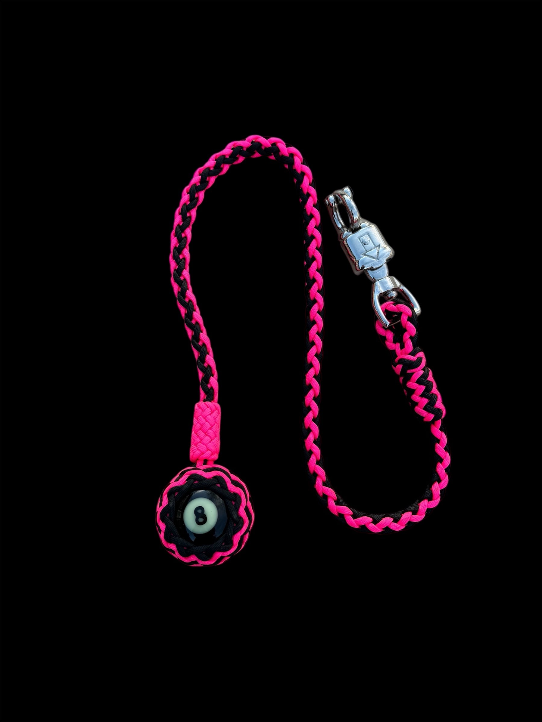 Paracord Motorcycle Get Back Whip in Black/Hot Pink with 8 ball on Panic Snap