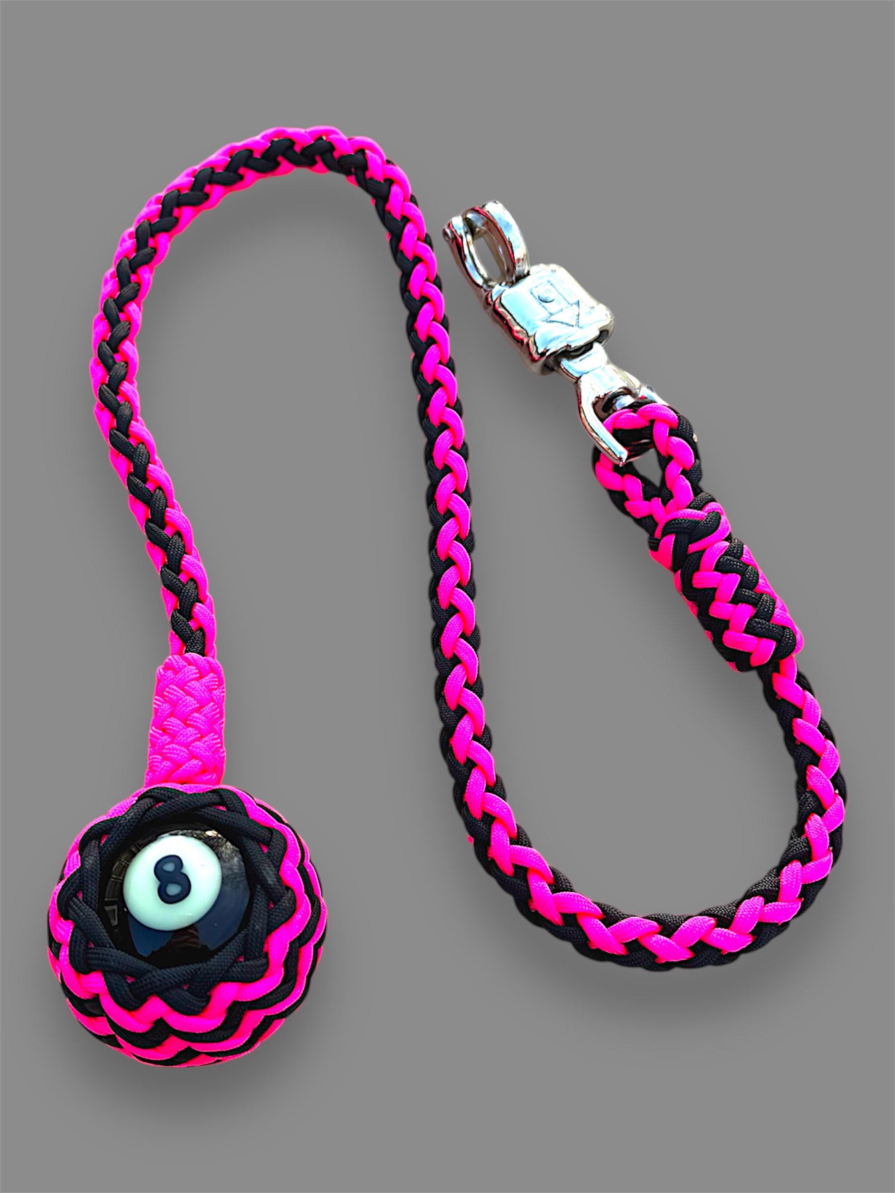 Paracord Motorcycle Get Back Whip in Black/Hot Pink with 8 ball on Panic Snap