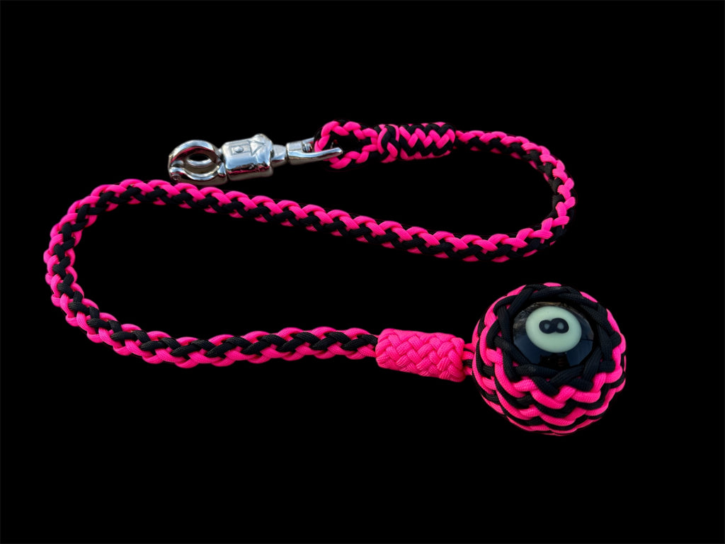 Paracord Motorcycle Get Back Whip in Black/Hot Pink with 8 ball on Panic Snap