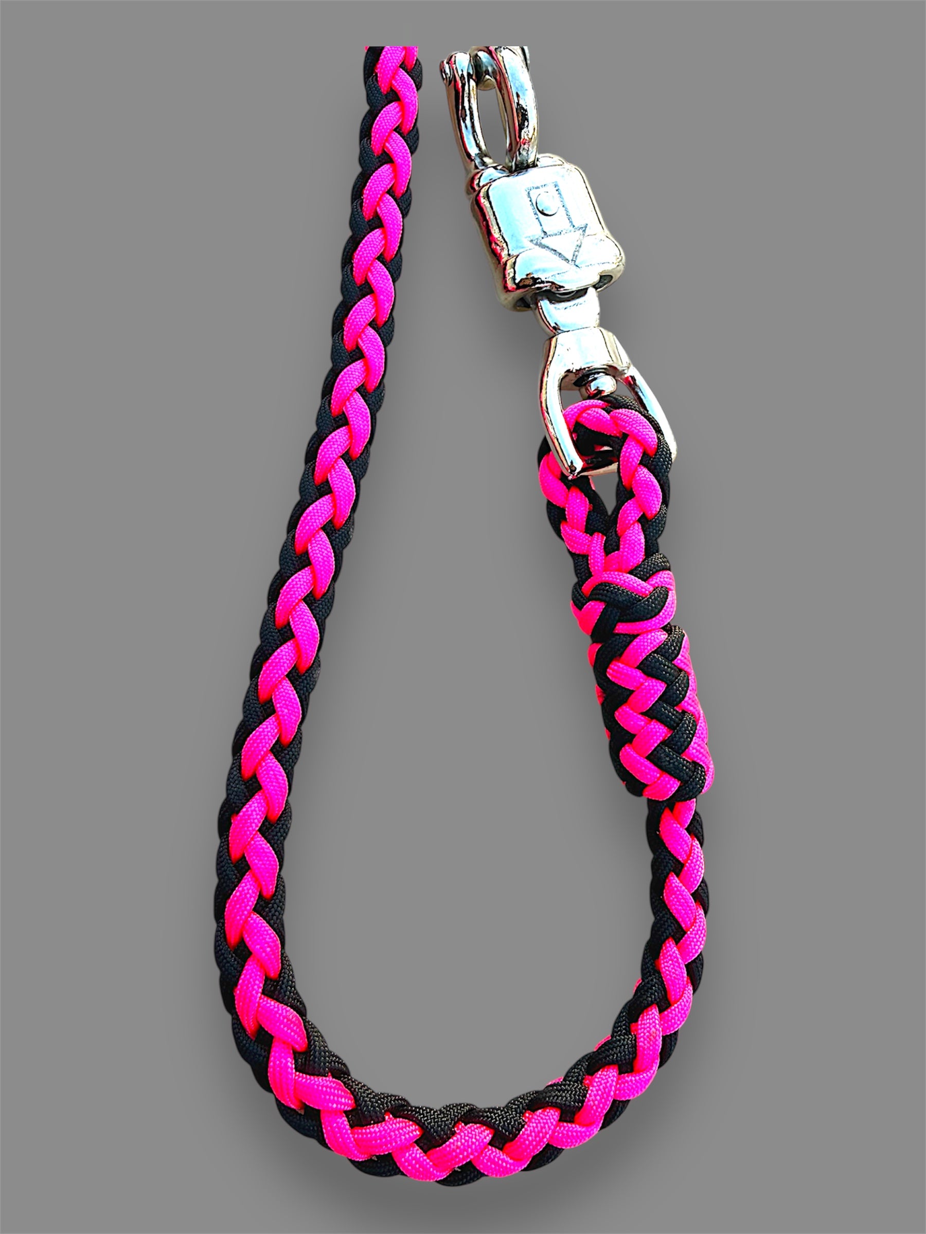 Paracord Motorcycle Get Back Whip in Black/Hot Pink with 8 ball on Panic Snap