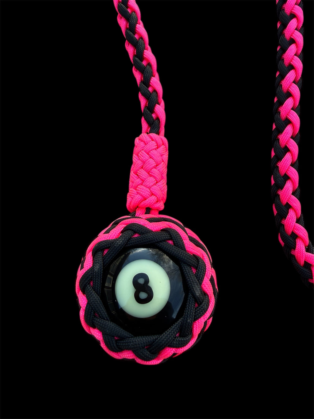 Paracord Motorcycle Get Back Whip in Black/Hot Pink with 8 ball on Panic Snap