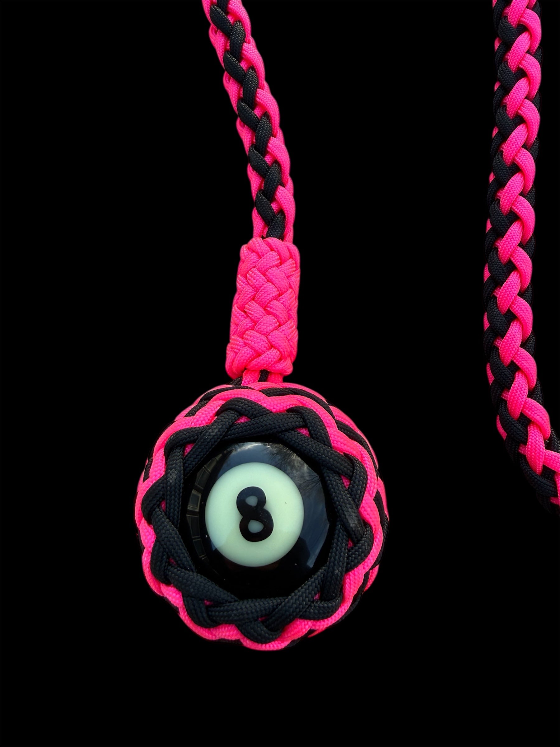 Paracord Motorcycle Get Back Whip in Black/Hot Pink with 8 ball on Panic Snap