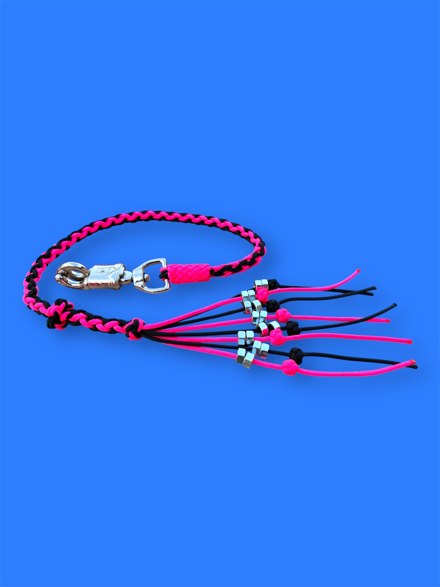 Decorative Paracord Motorcycle Get Back Whip in Black and Hot Pink on Panic Snap