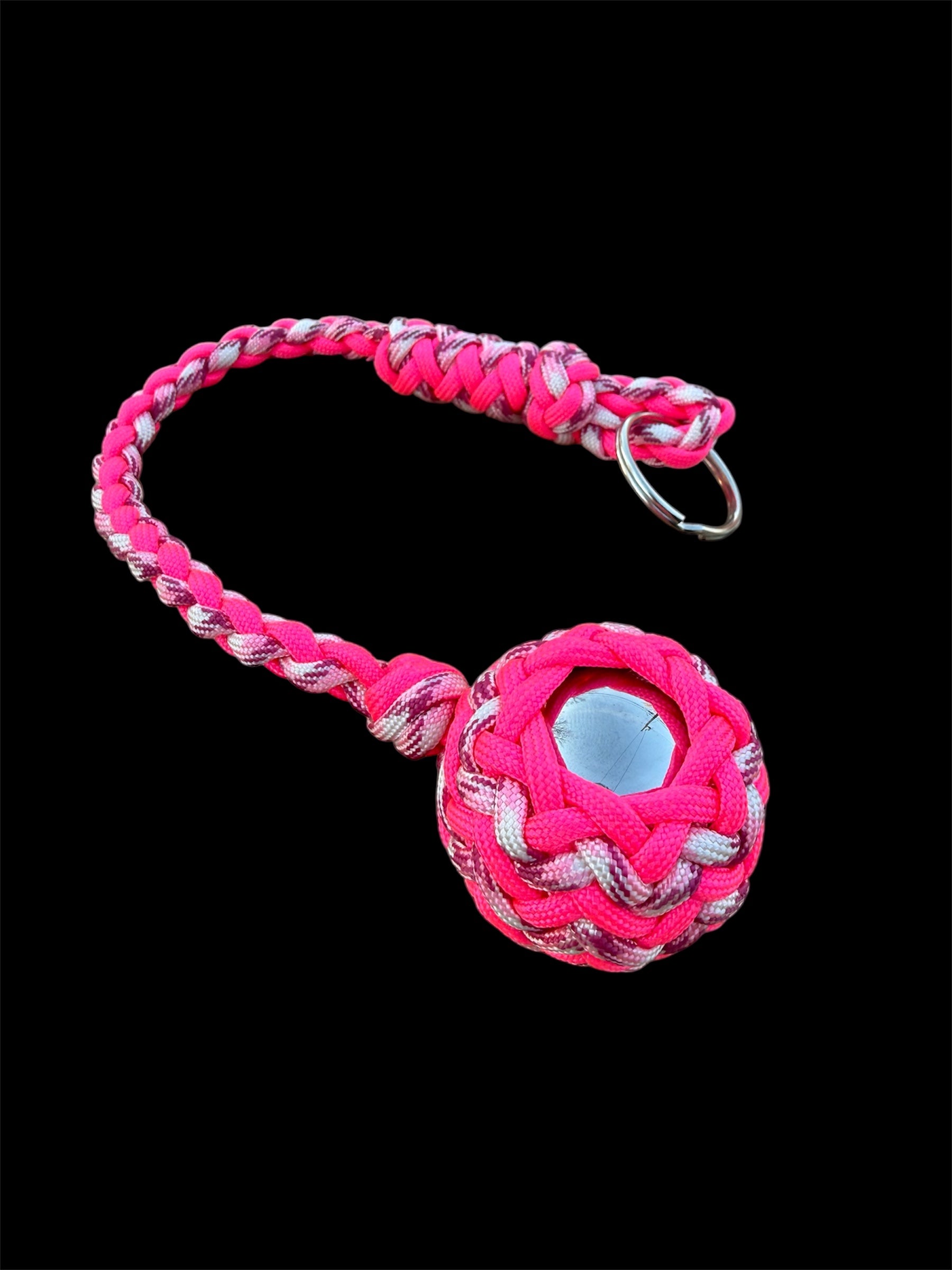 Decorative Paracord Wrapped 1.5 inch Steel Ball in Hot Pink and Pink Camo Keychain monkey fist style on a split ring