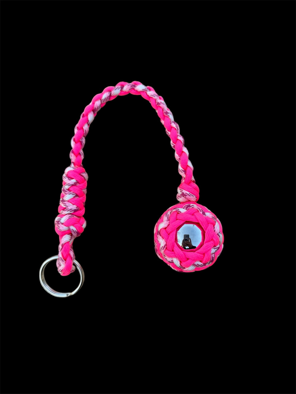Decorative Paracord Wrapped 1.5 inch Steel Ball in Hot Pink and Pink Camo Keychain monkey fist style on a split ring