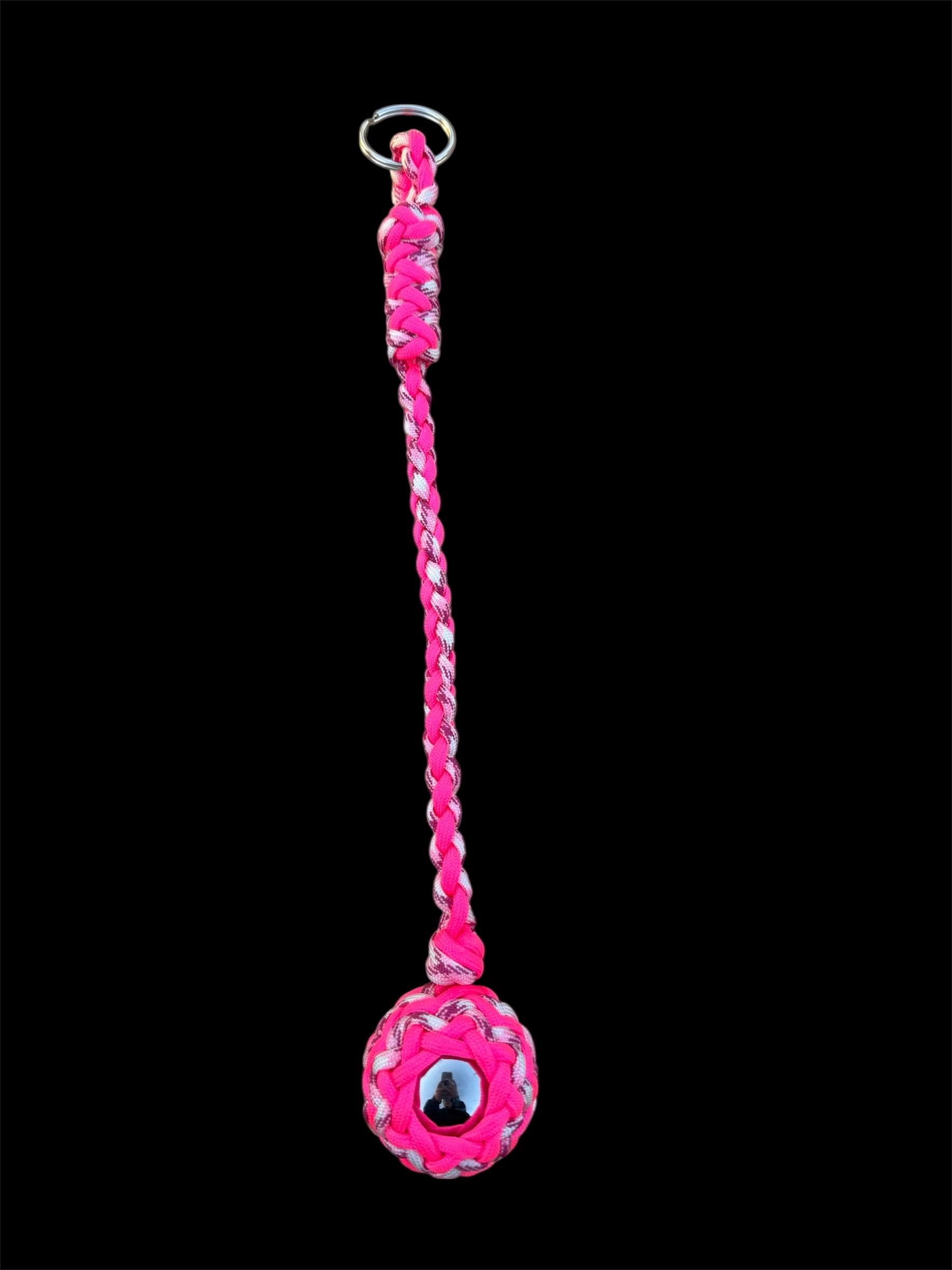 Decorative Paracord Wrapped 1.5 inch Steel Ball in Hot Pink and Pink Camo Keychain monkey fist style on a split ring