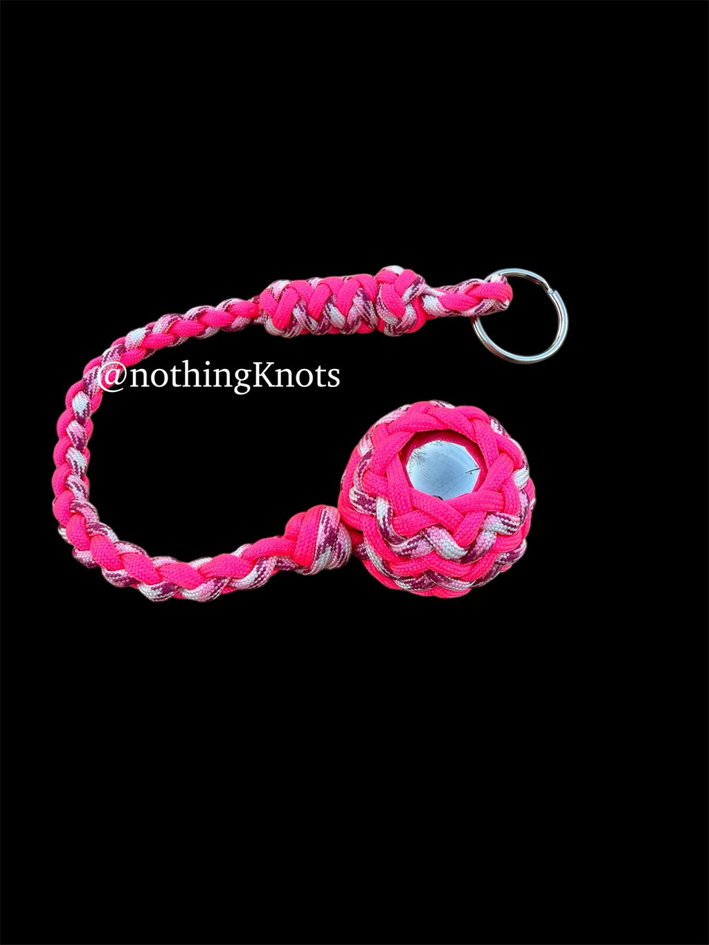 Decorative Paracord Wrapped 1.5 inch Steel Ball in Hot Pink and Pink Camo Keychain monkey fist style on a split ring