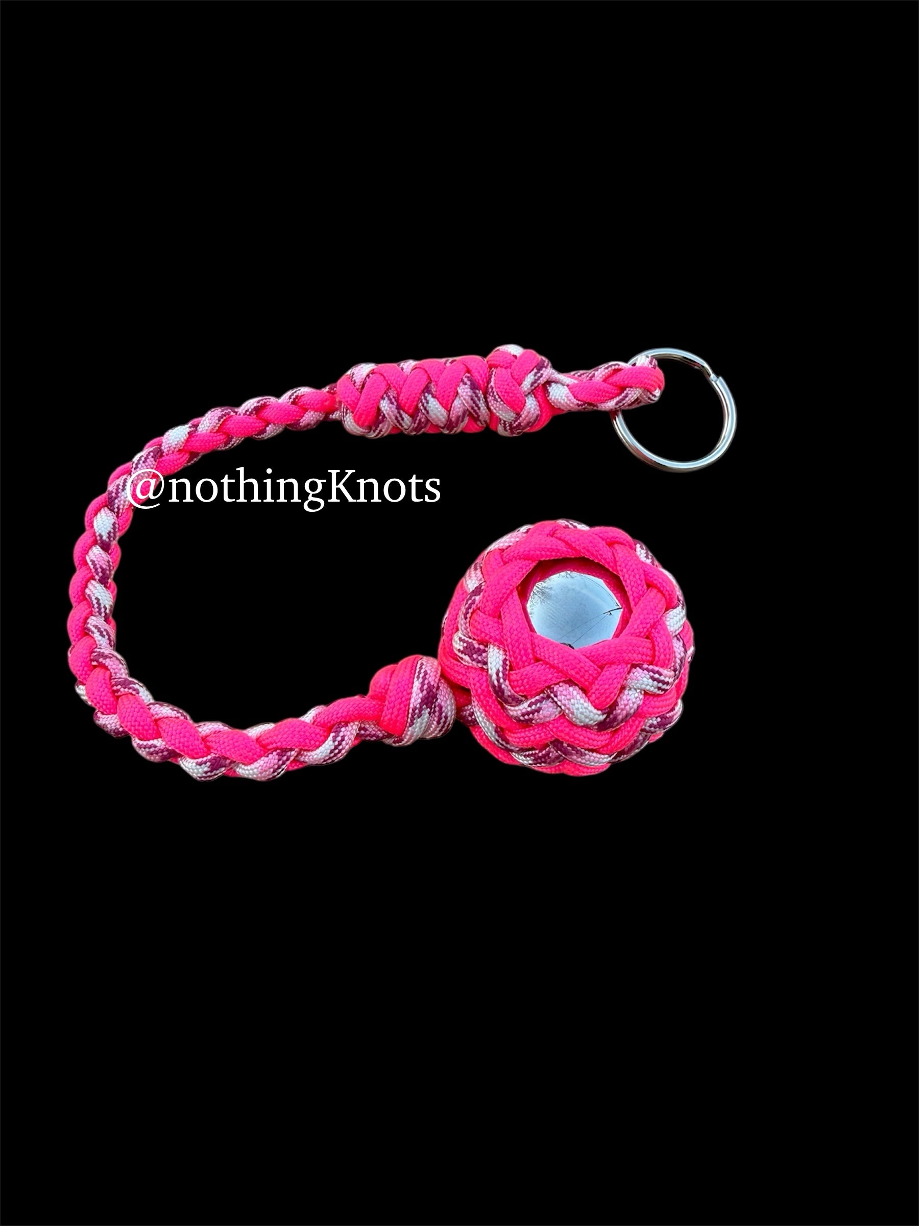 Decorative Paracord Wrapped 1.5 inch Steel Ball in Hot Pink and Pink Camo Keychain monkey fist style on a split ring