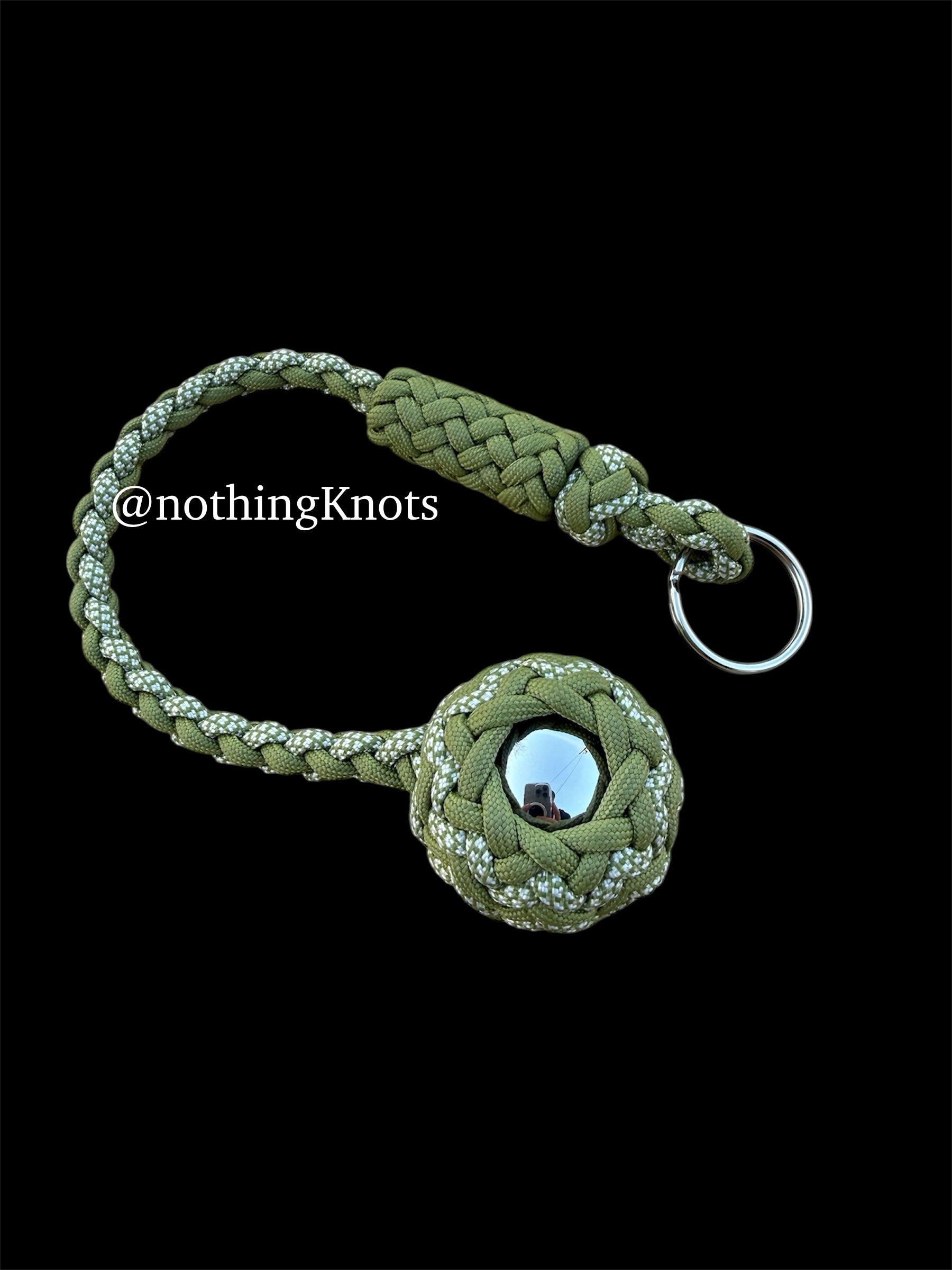 Decorative Paracord Wrapped 1.5 inch Steel Ball in Moss Green and Moss Green with White Diamonds Keychain monkey fist style on a split ring