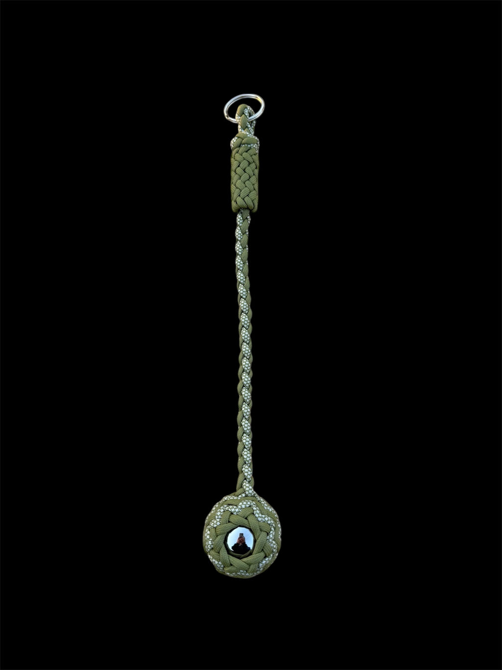 Decorative Paracord Wrapped 1.5 inch Steel Ball in Moss Green and Moss Green with White Diamonds Keychain monkey fist style on a split ring