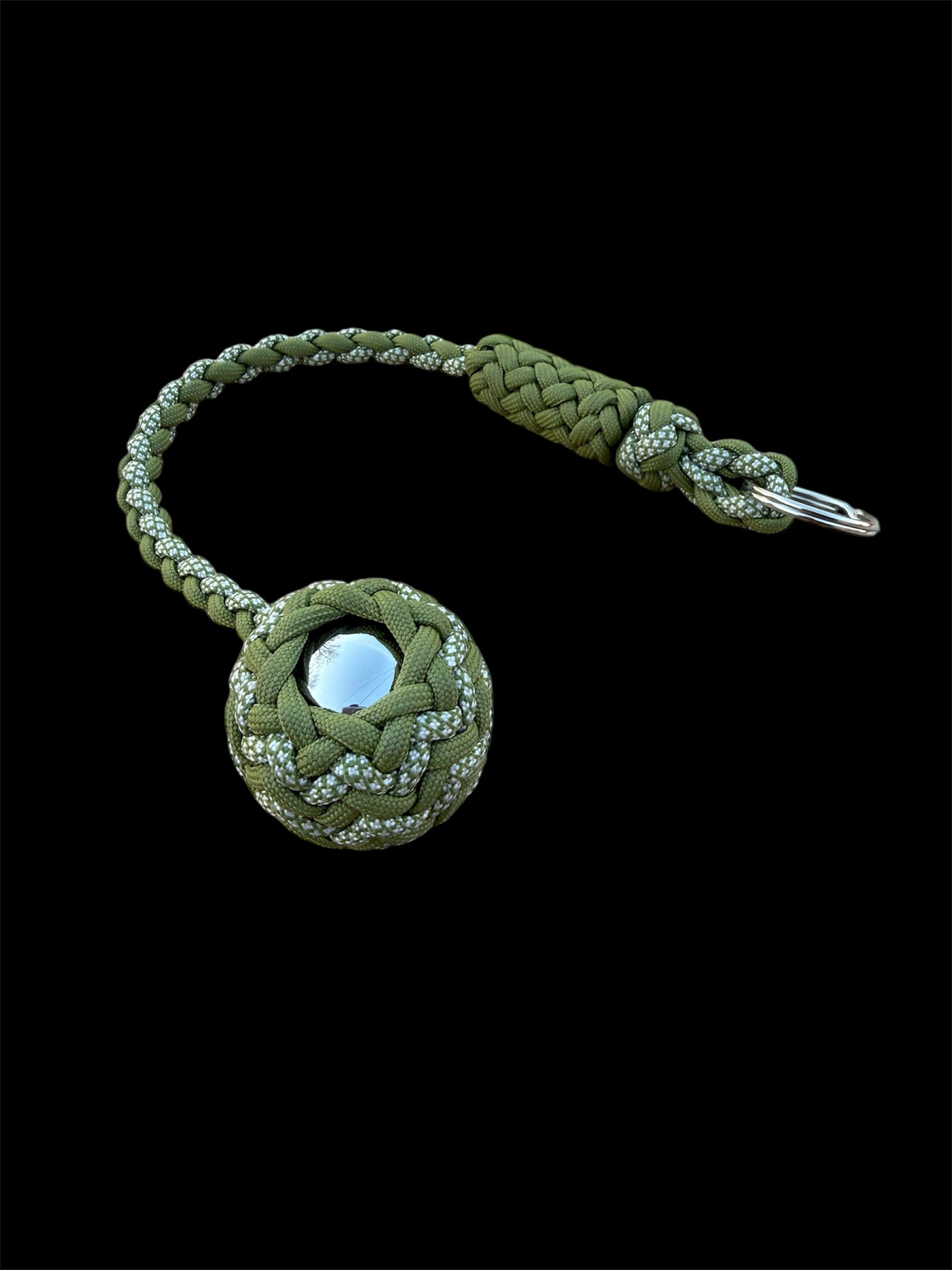 Decorative Paracord Wrapped 1.5 inch Steel Ball in Moss Green and Moss Green with White Diamonds Keychain monkey fist style on a split ring