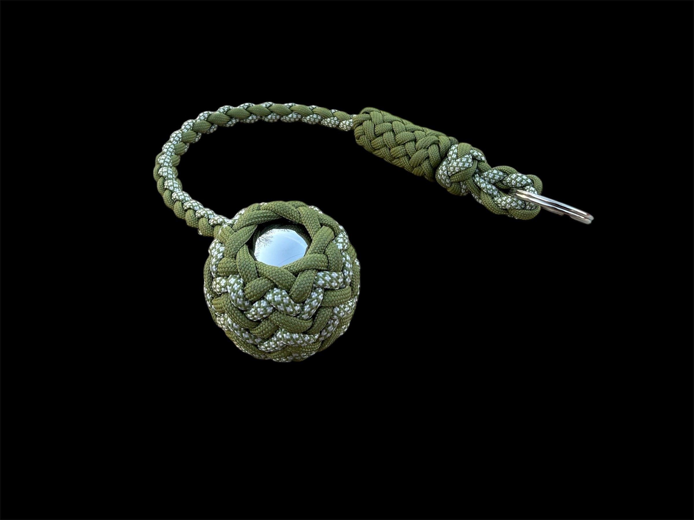 Decorative Paracord Wrapped 1.5 inch Steel Ball in Moss Green and Moss Green with White Diamonds Keychain monkey fist style on a split ring