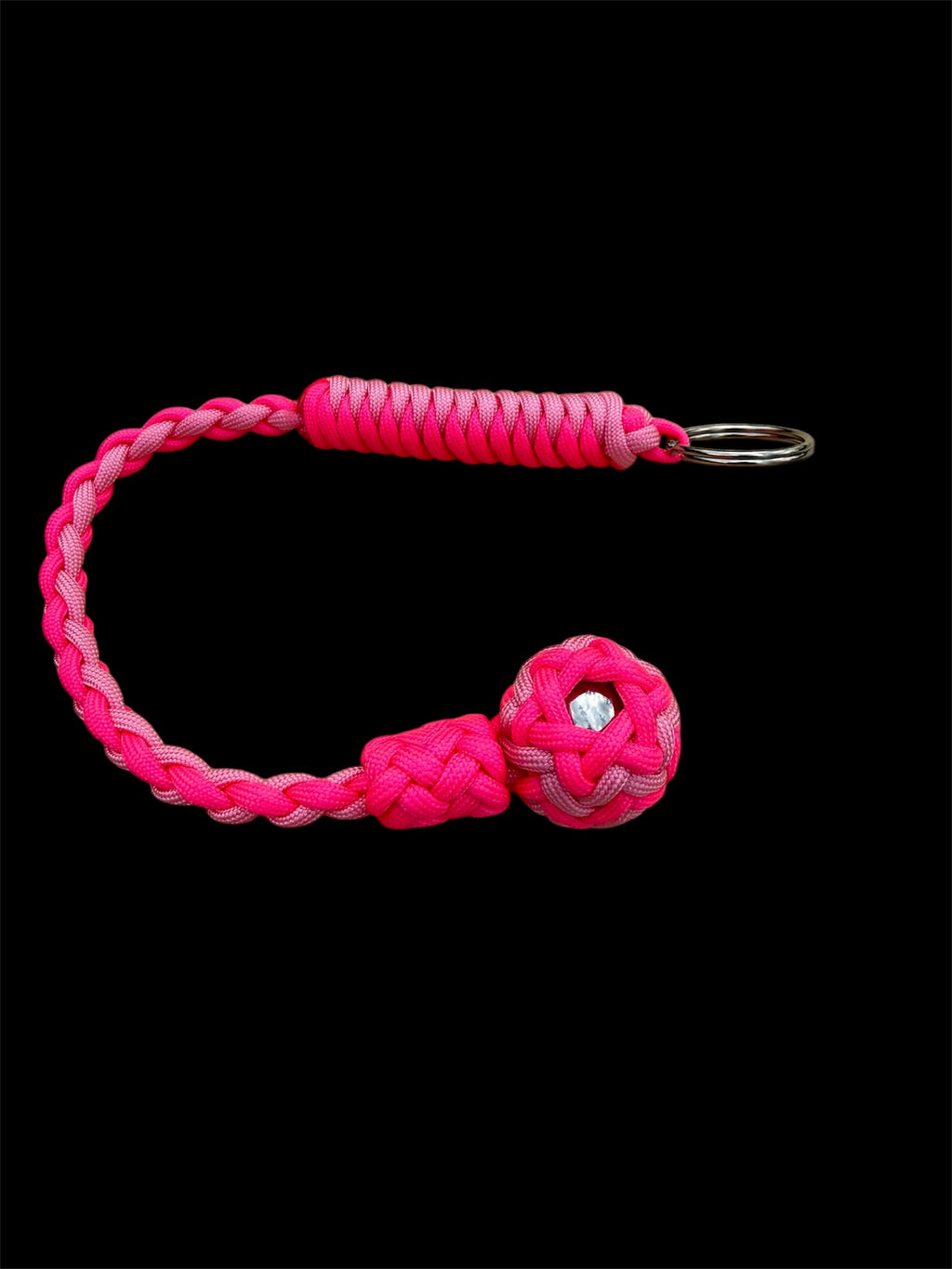 Decorative Paracord Wrapped 1 inch Steel Ball in Hot Pink and Soft Pink Keychain monkey fist style on a split ring