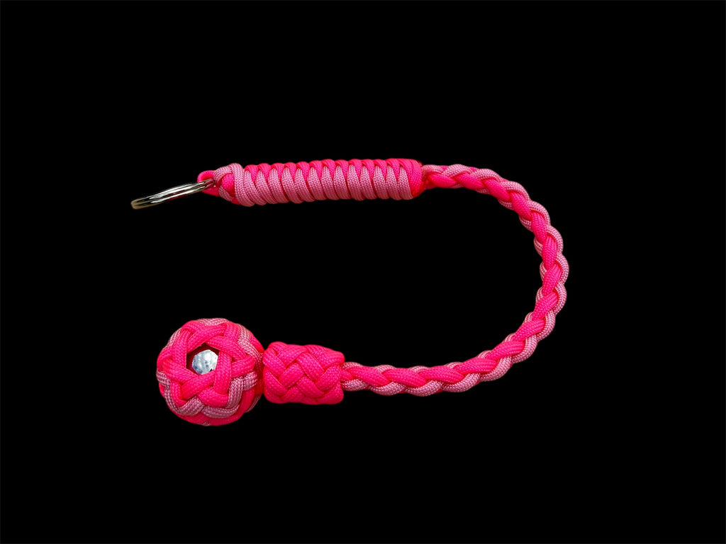 Decorative Paracord Wrapped 1 inch Steel Ball in Hot Pink and Soft Pink Keychain monkey fist style on a split ring