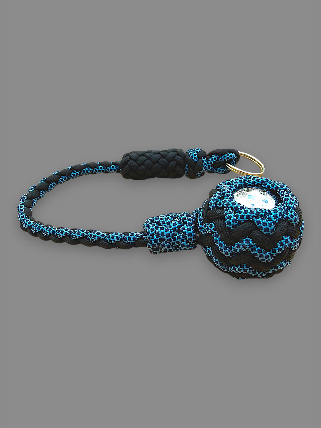 Decorative Paracord Wrapped 1.5 inch Steel Ball in Black and Blue with Black Diamonds Keychain monkey fist style on a split ring