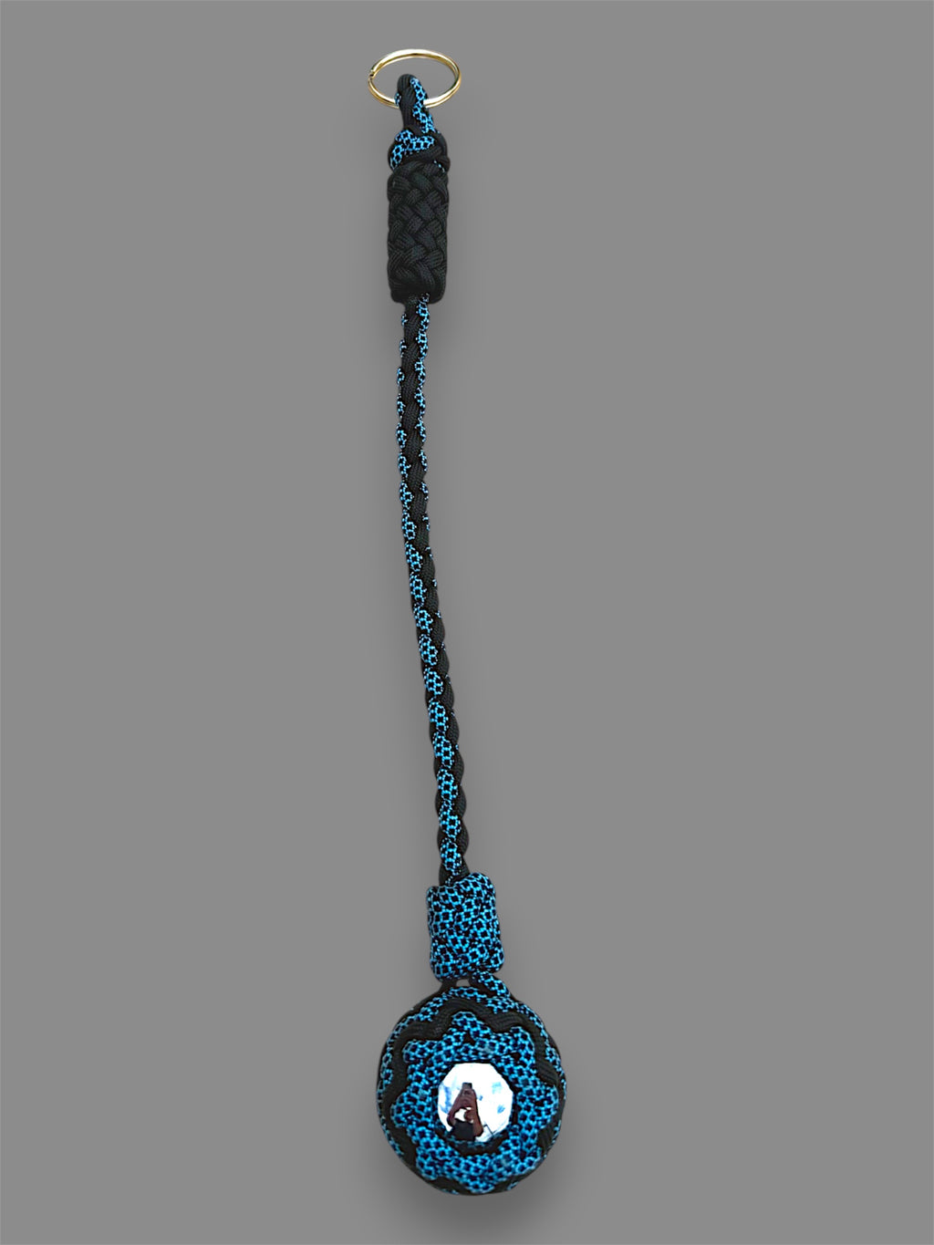 Decorative Paracord Wrapped 1.5 inch Steel Ball in Black and Blue with Black Diamonds Keychain monkey fist style on a split ring